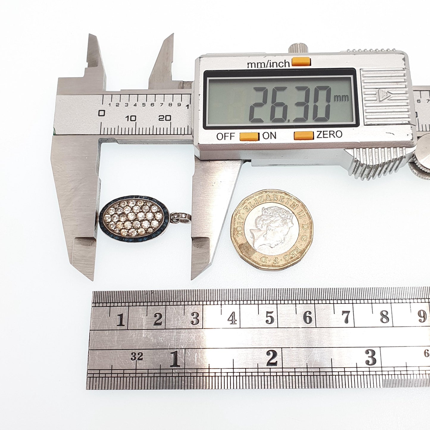 Antique Art Deco Solid Silver Sapphire Paste Pendant Diamond Pastes Channel Set Oval Necklace Vintage Jewellery Jewelry