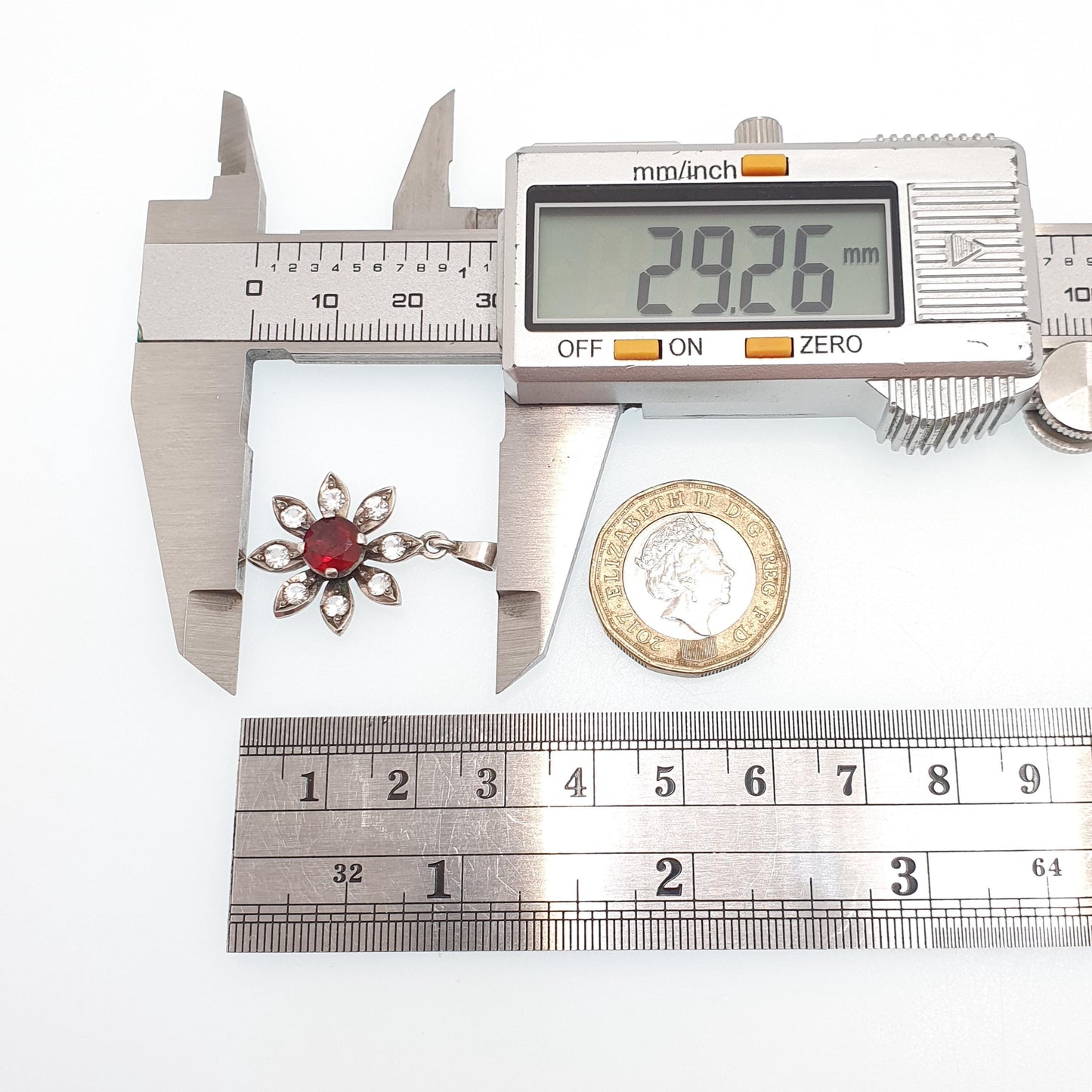 Antique Victorian Solid Silver Garnet & White Sapphire Pendant Flower Necklace Genuine Gemstones Vintage Womens Jewelry Jewellery