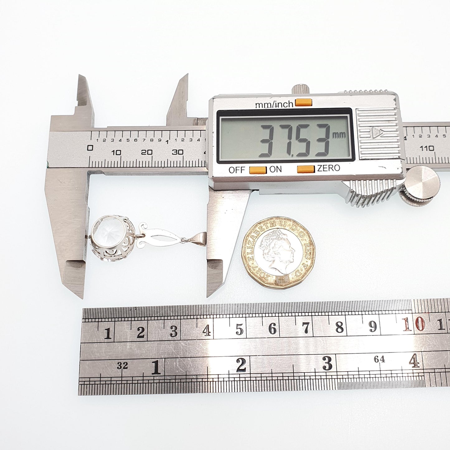 Antique Solid Silver White Sapphire Pendant Necklace White Gemstone Large Big Round Cut Drop Hanging Genuine Vintage