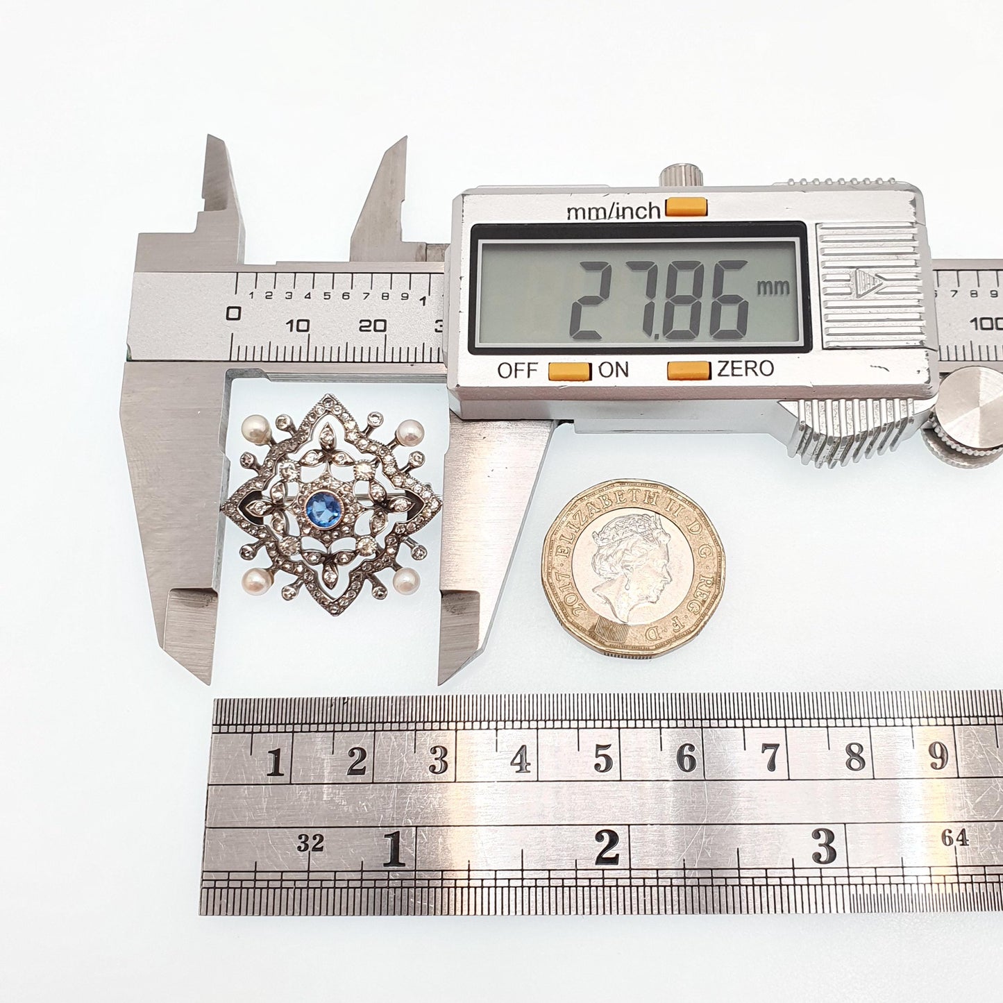 Antique Victorian Solid Silver Sapphire Paste Brooch Cultured Pearl Diamond Pastes Art Nouveau Vintage Jewelry Jewellery