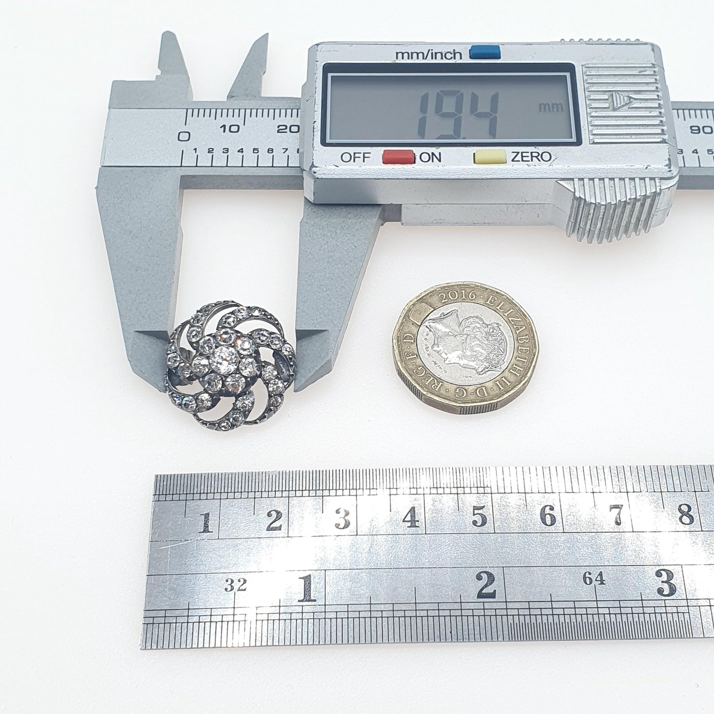 Antique Victorian Diamond Paste Solid Silver Brooch Spiral Swirl Old Cut Ornate Late 1800s Sparkly Foiled Glass Jewelry Jewellery