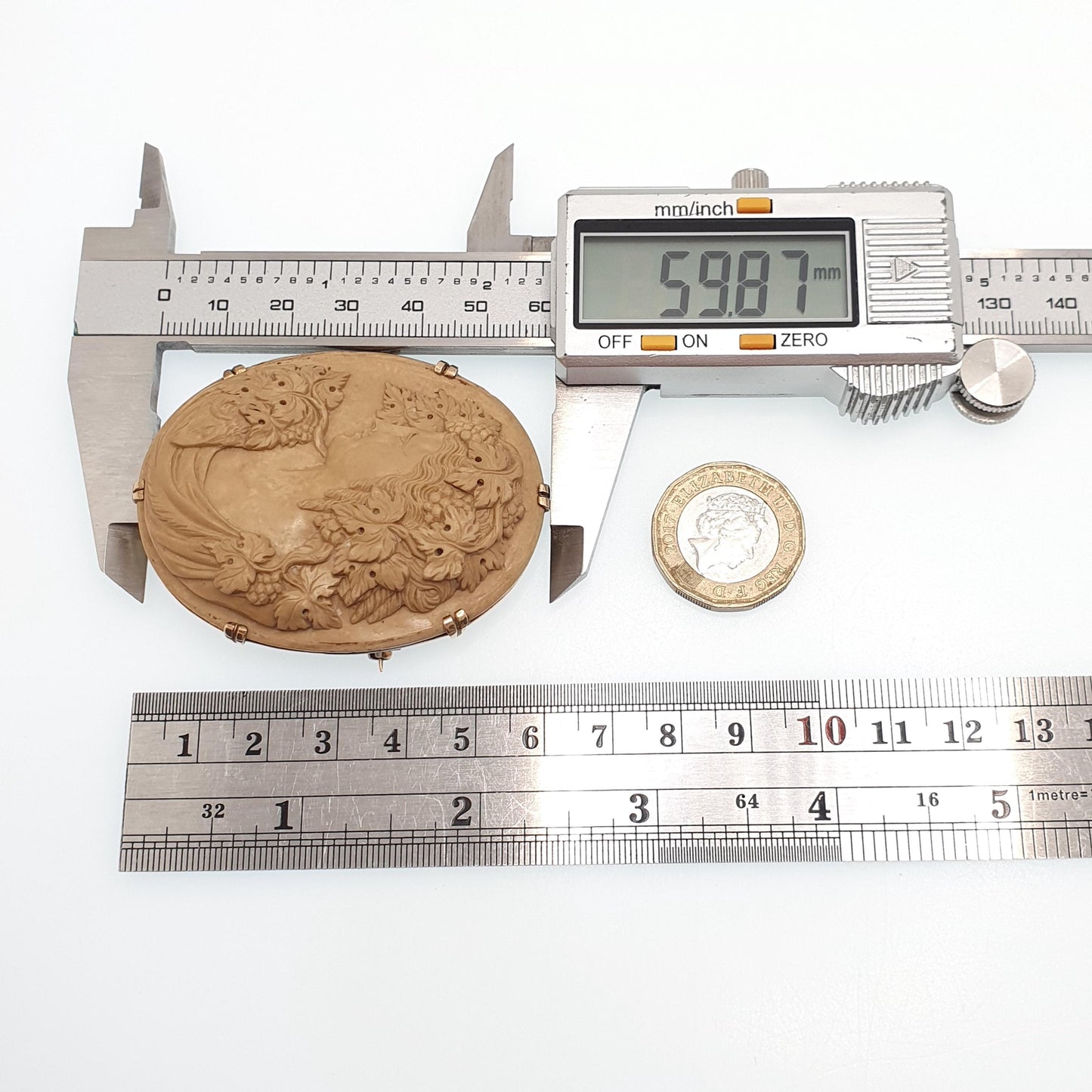 Antique 9ct Gold Lava Cameo Brooch Very Large Solid 9k 9kt High Relief Goddess Ram Goat Grapes Italian Jewelry Jewellery