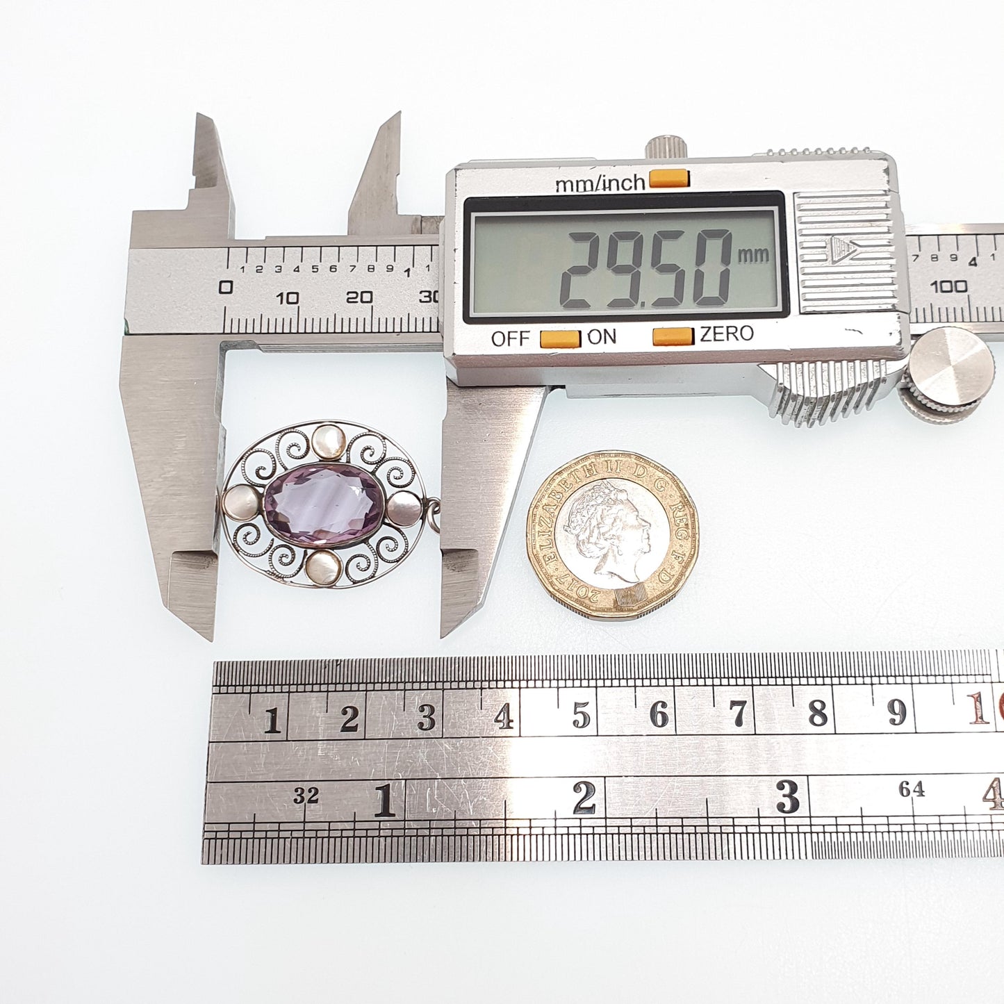 Antique Solid Silver Natural Amethyst Pendant Necklace Art and Crafts Mother of Pearl Oval Genuine Real Vintage Jewelry