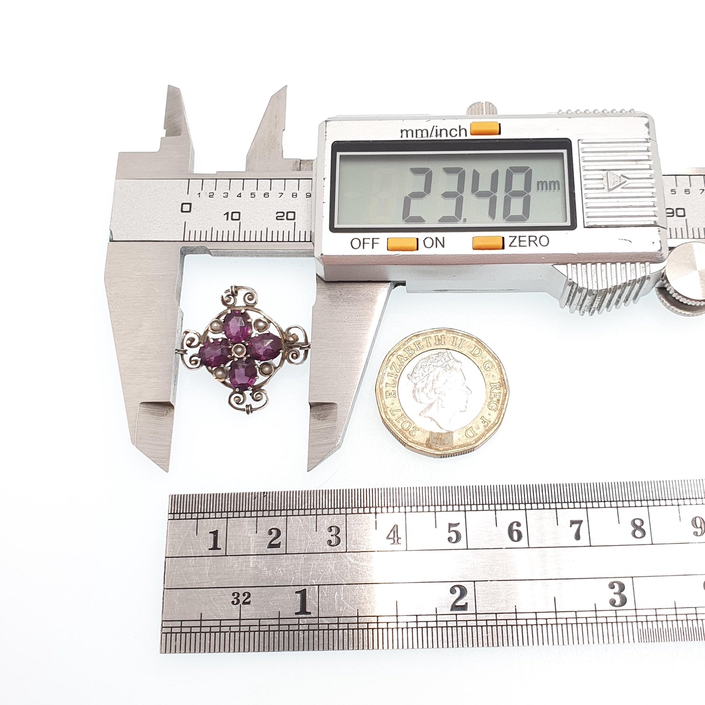 Antique Solid Silver Amethyst Paste Brooch Victorian Seed Pearl Cruciform 1800s Vintage Womens Jewelry Jewellery