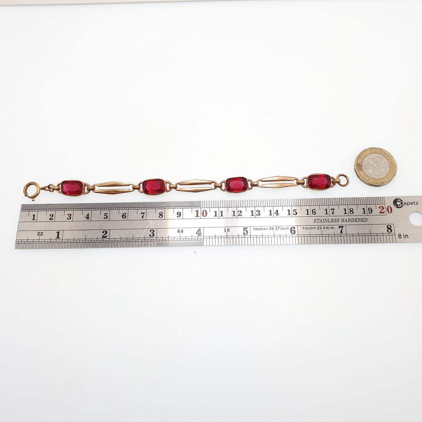 Antique Rolled Gold Filled Bracelet Ruby Paste Edwardian Art Nouveau Red Glass 1900s 11.85g 18cm Vintage Jewelry Jewellery Womens