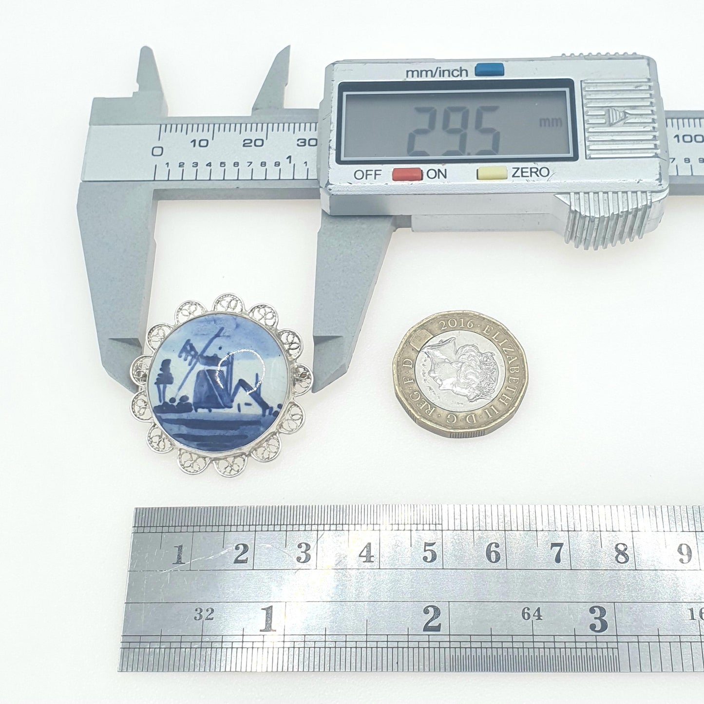 Old Vintage Solid Silver Dutch China Brooch Windmill Filigree Foreign Silver Blue Painted Womens Unisex Jewelry Jewellery