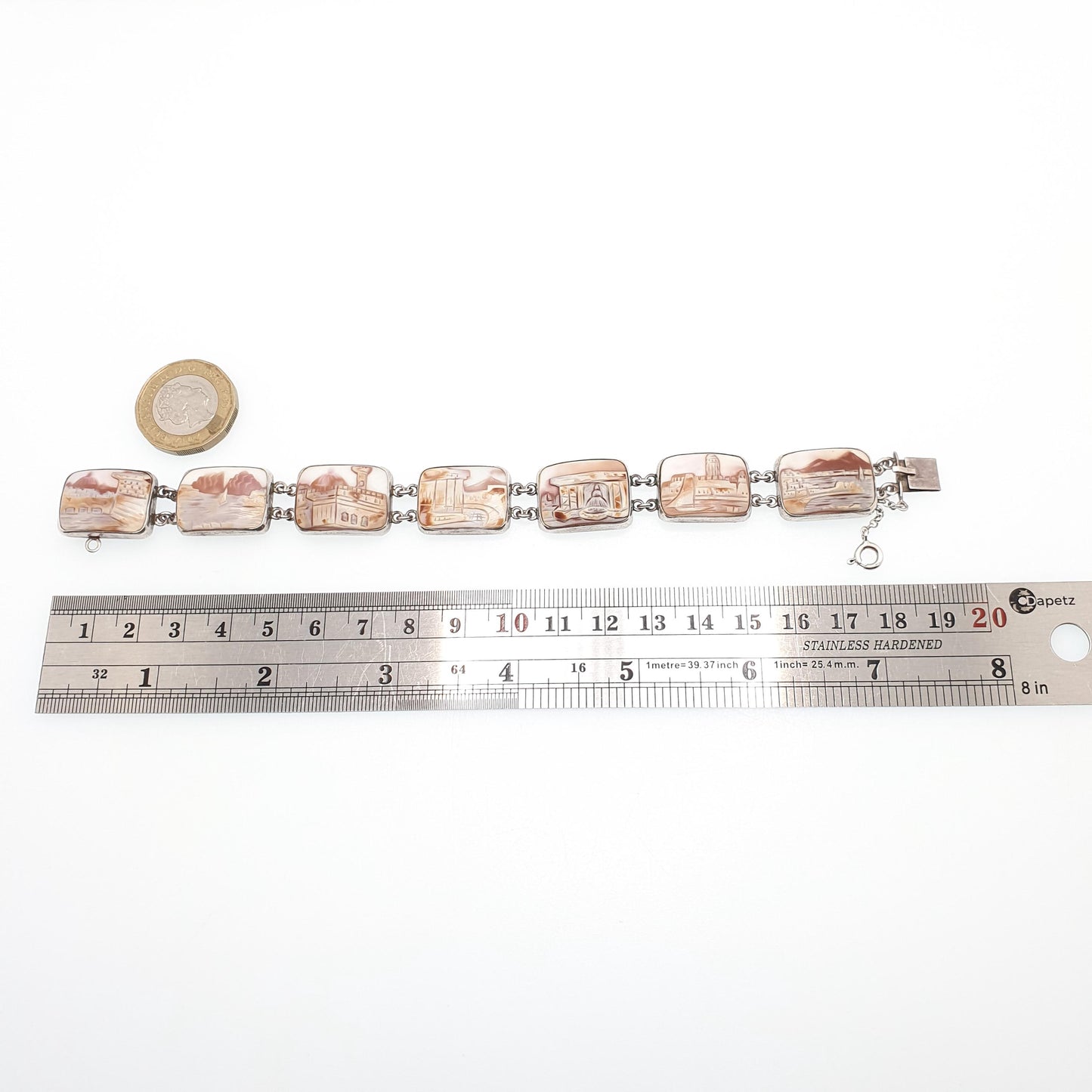 Vintage Sterling Silver Cameo Bracelet Handmade Italian Shell Hand Carved Solid 925 21.32g Womens Italy Jewelry Jewellery