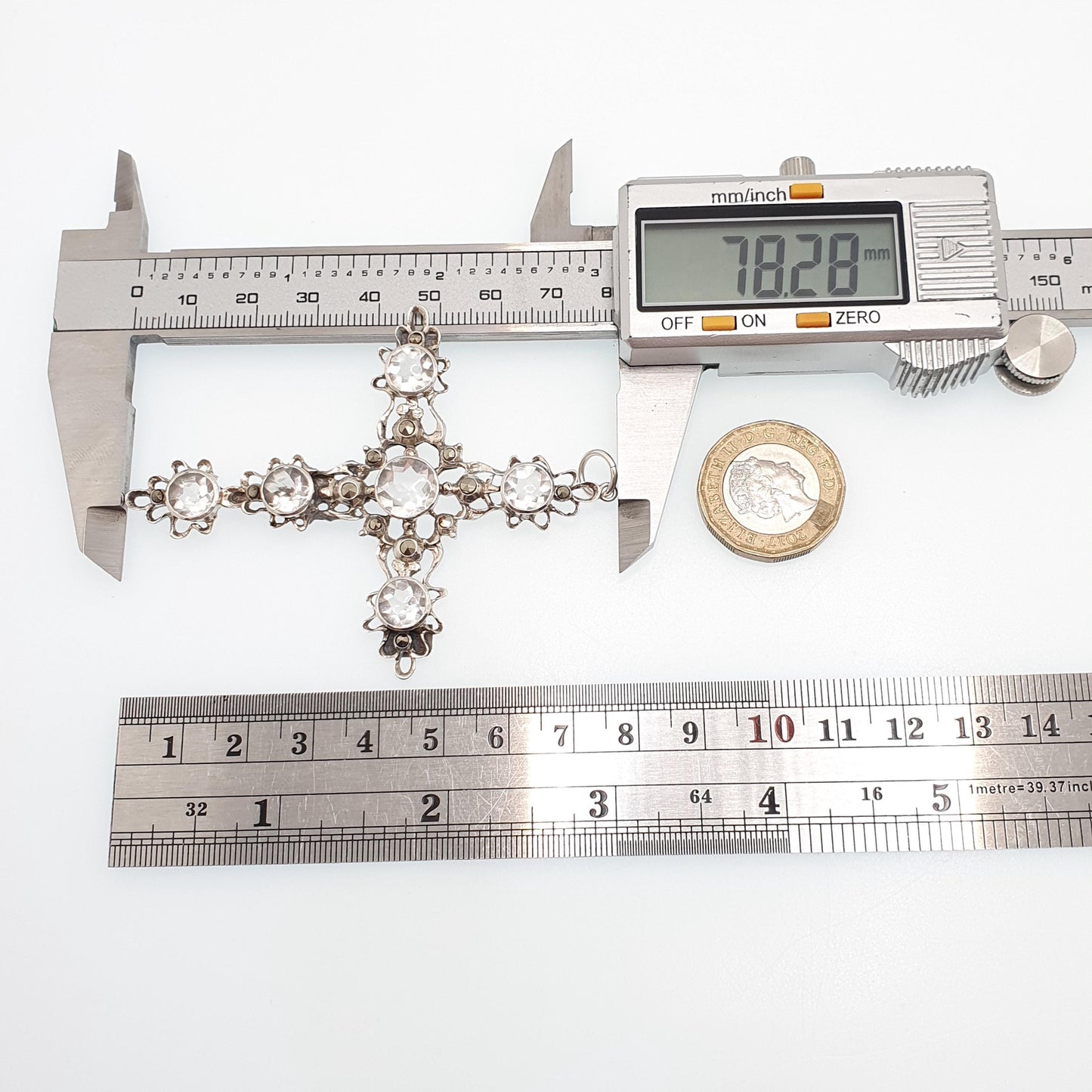Antique Victorian Solid Silver Rock Crystal Crucifix Necklace Pendant Quartz Gemstone Very Large Big Jewelry Vintage Jewelry