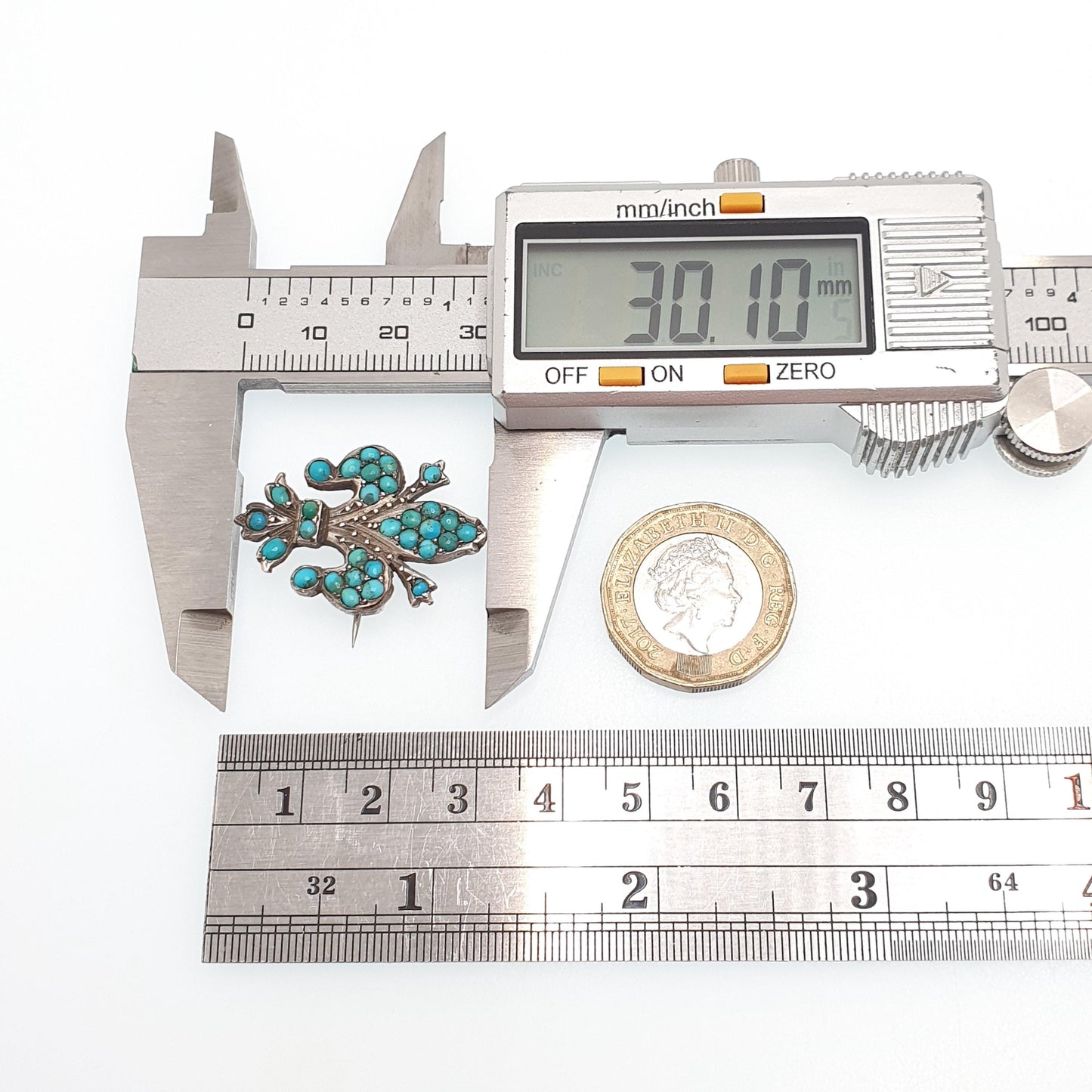 Antique Victorian Solid Silver Turquoise Brooch Fleur de Lis Lys French Lily Flower Natural Gemstone Womens Jewelry Jewellery Vintage