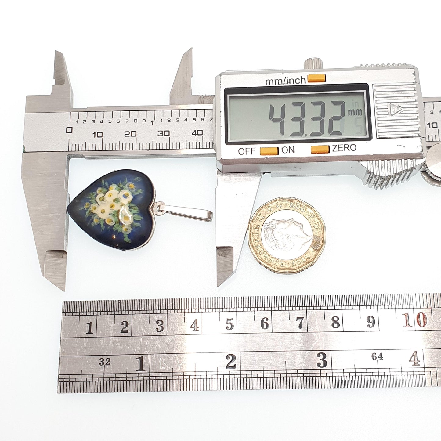 Vintage Solid Silver Enamel Heart Locket Hand Painted Navy Dark Blue Flowers Pendant Photo Picture Solid 925 Jewelry Jewellery