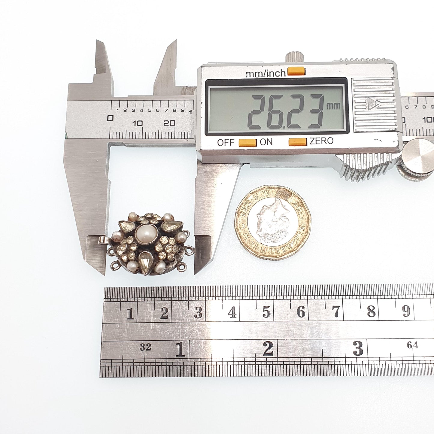 Antique Sterling Silver Cultured Pearl & Diamond Paste Clasp Necklace Bracelet Fastening Clip Triple Three Jewelry Jewellery