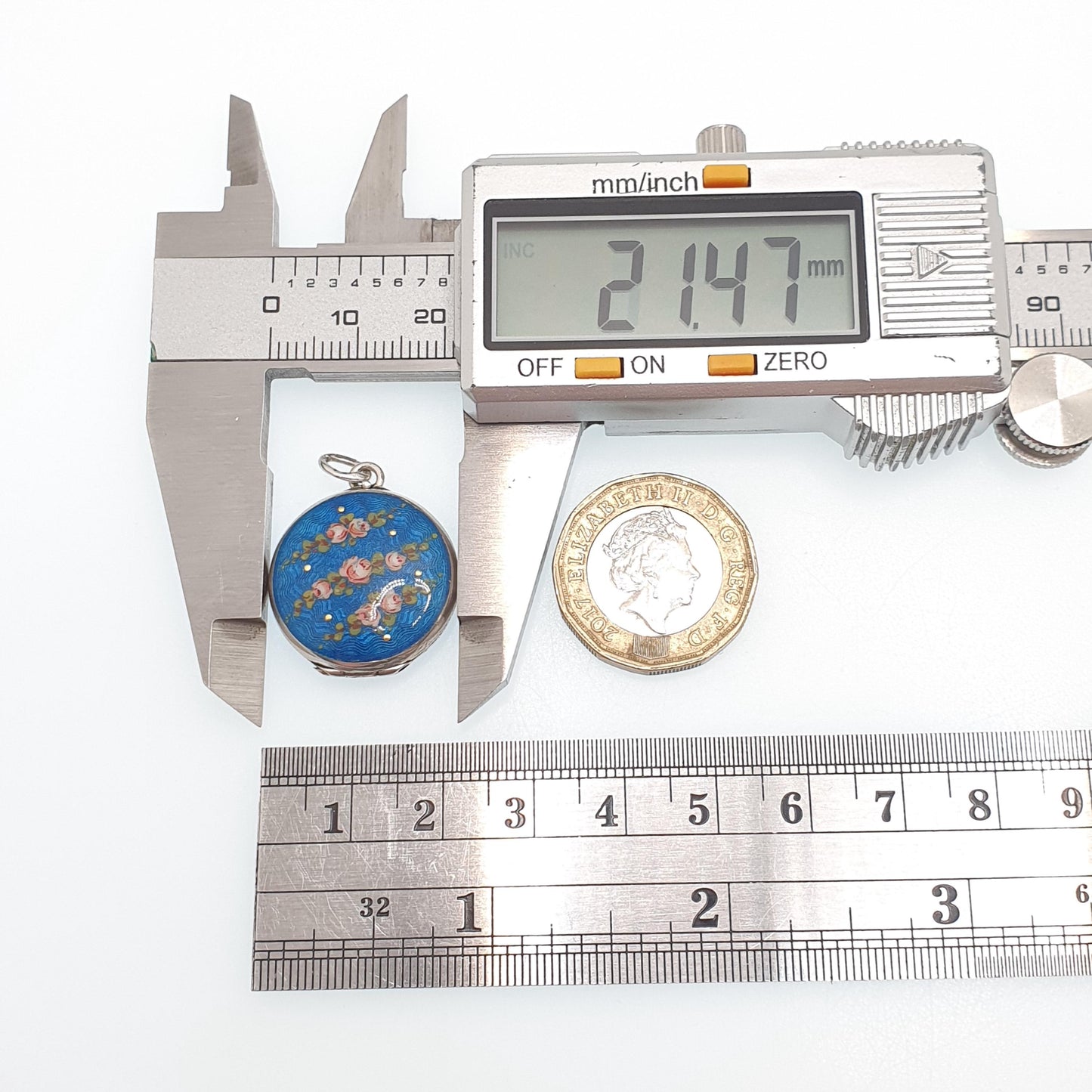 Antique Guilloche Enamel Solid Silver Locket Edwardian Rose Flower Blue Pendant Round Photo Picture Vintage Jewelry Jewelry