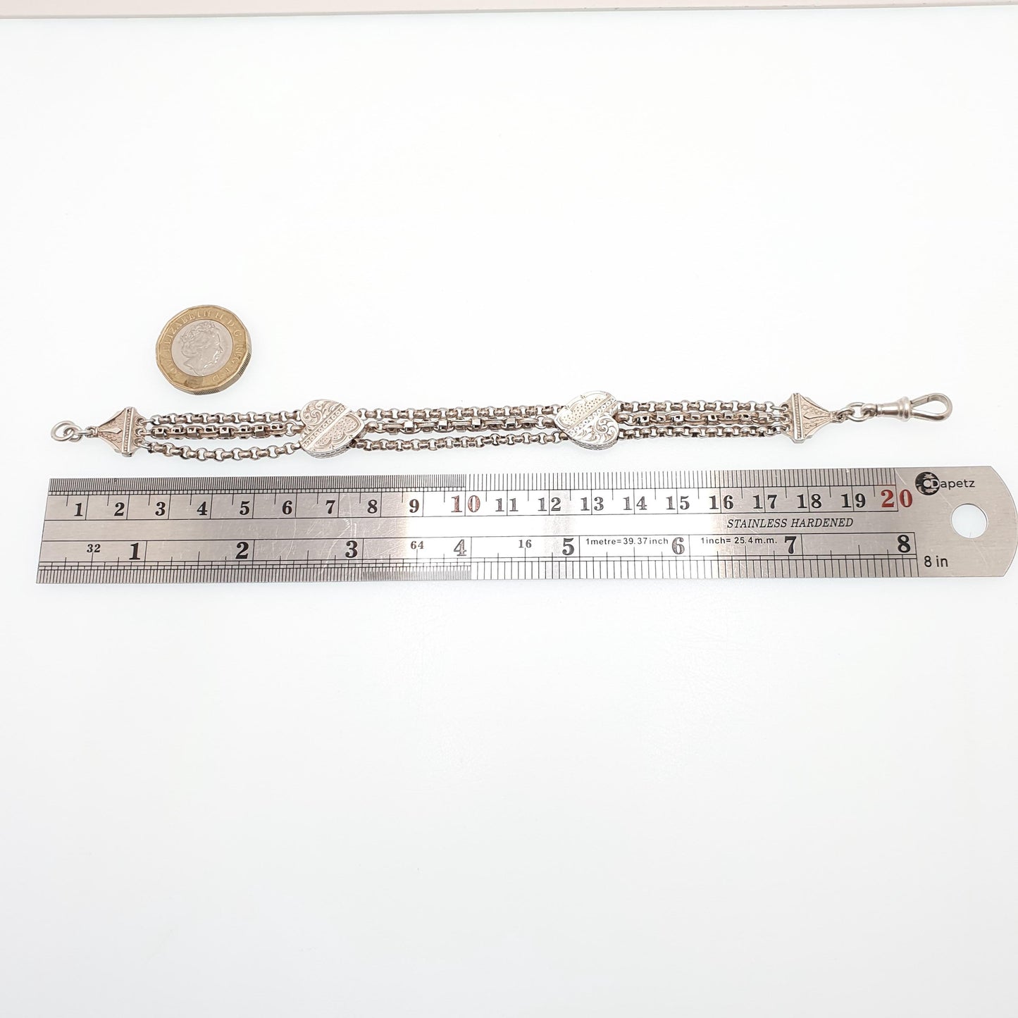 Antique Victorian Sterling Silver Albertina Bracelet Heart Belcher Link Engraved Chain 16.55g 21cm Aesthetic Vintage Gift Jewelry Jewellery