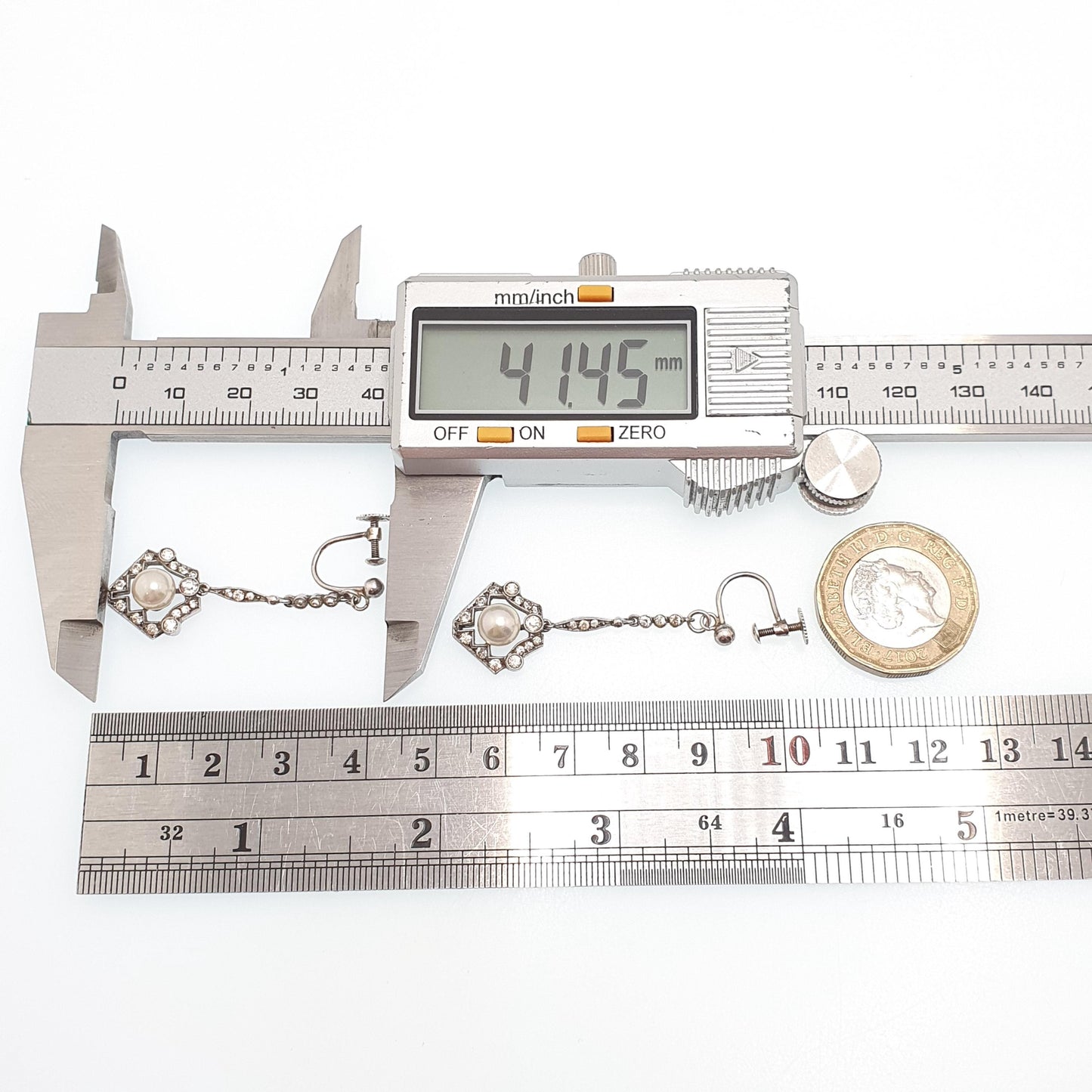 Antique Solid Silver Diamond Paste Earrings Art Deco Simulated Pearl Chandelier Dangling Drop Geometric Hanging Vintage Jewelry Jewellery