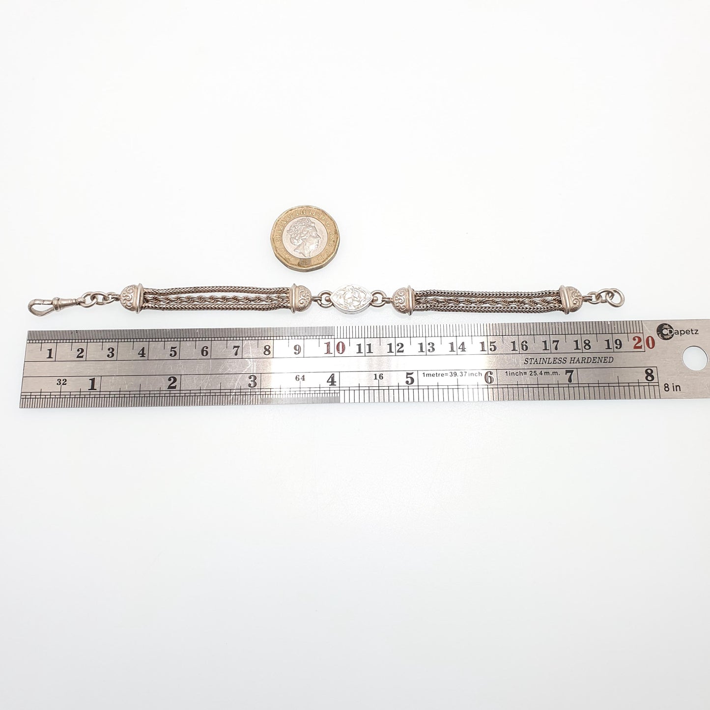 Antique Solid Silver Albertina Bracelet Victorian Engraved Centre Rope Link Chain 13.27g 19cm Vintage Womens Jewelry Jewellery