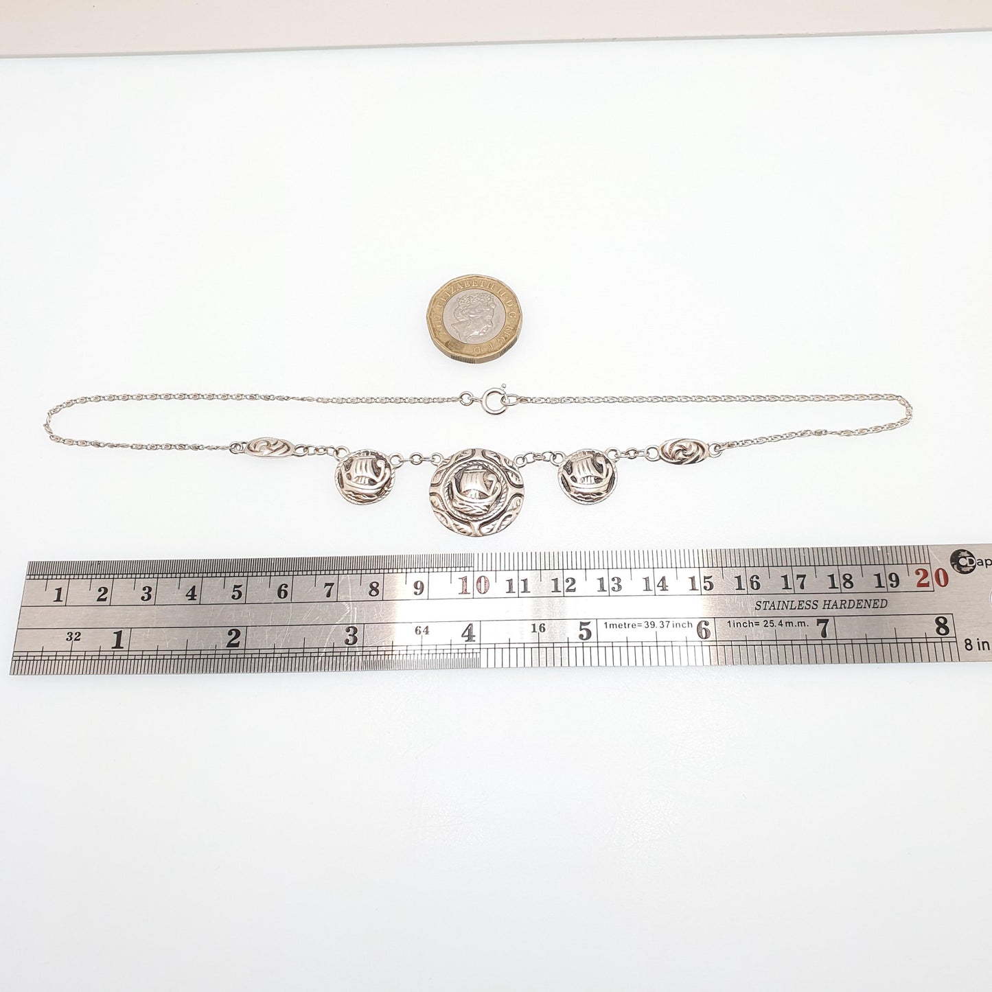 Old Vintage Sterling Silver Viking Long Ship Necklace Scottish Iona Style 11.97g 42cm Targe Shield Womens Jewelry Jewellery