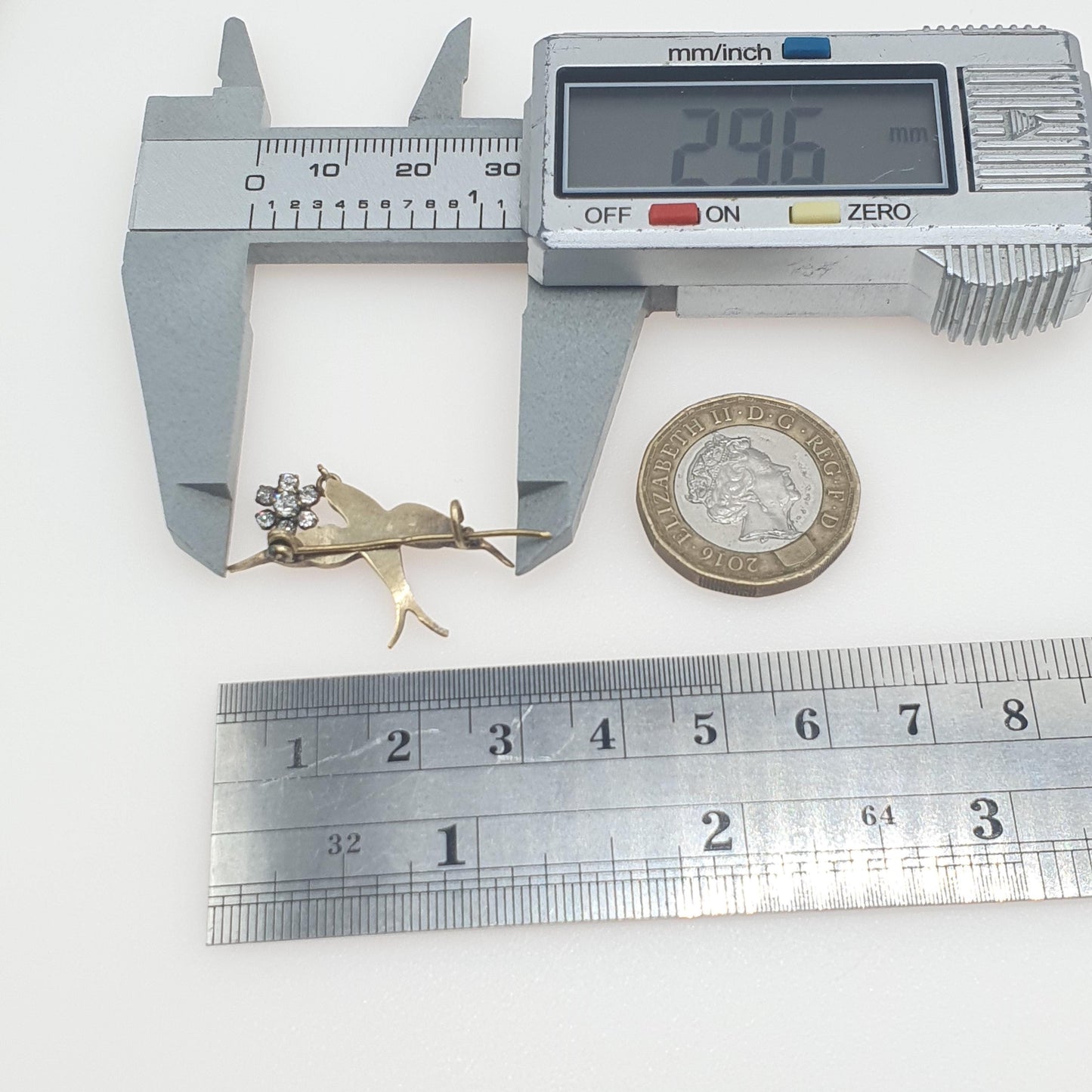 Antique Victorian Diamond Paste Swallow Bird Brooch with Hanging Cluster Gold Tone Base Metal Cute Gift Ladies Womens Jewelry