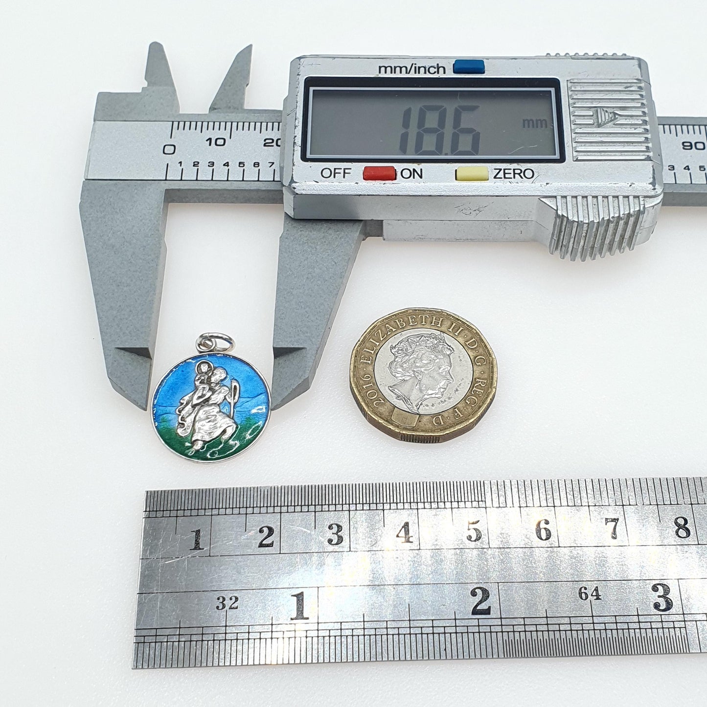 Vintage Sterling Silver Enamel St Christopher Pendant Blue and Green Travel Travelling Patron Womens Mens Jewellery Jewelry