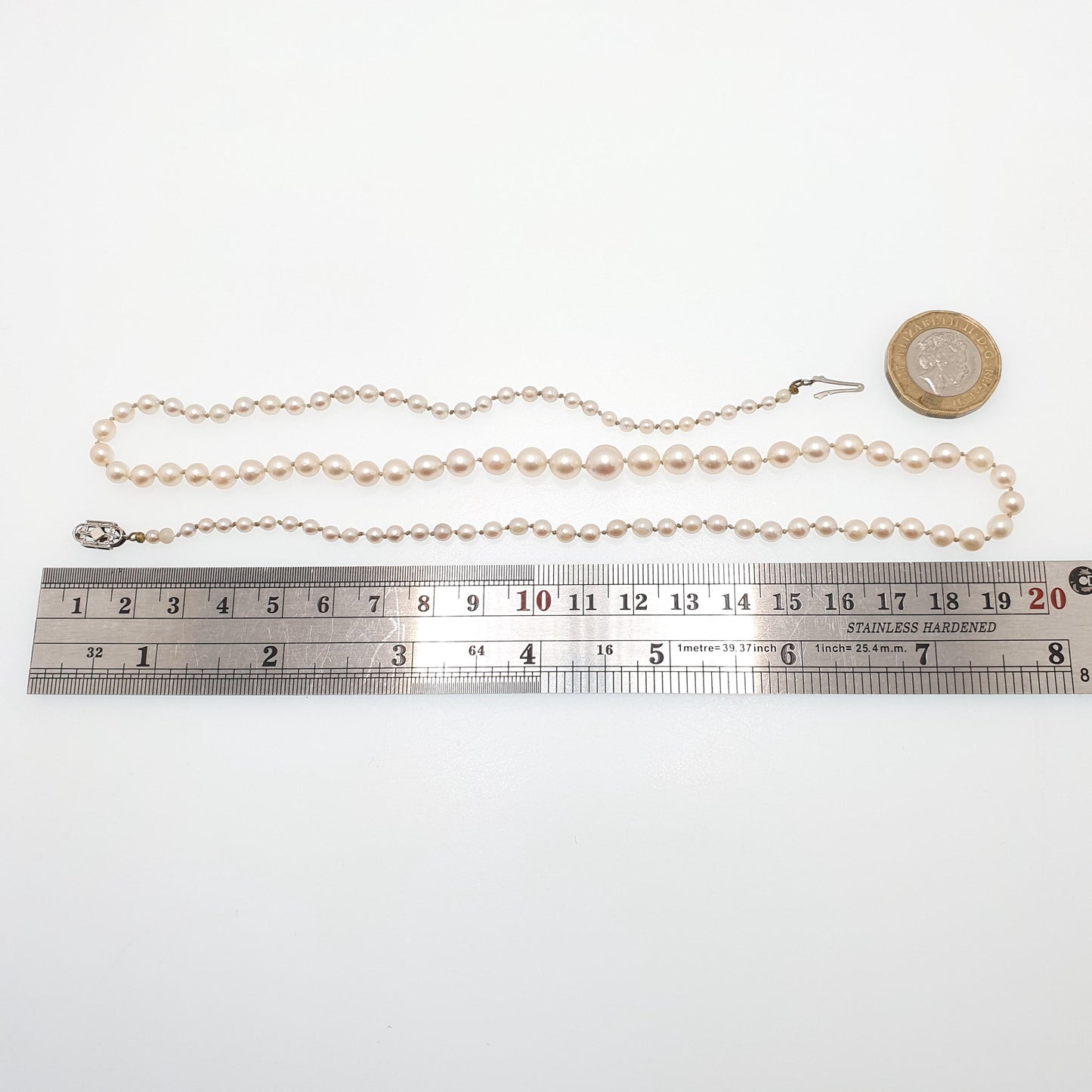 Antique Art Deco 9ct 9k Cultured Pearl Necklace White Gold Clasp 14.15g 55cm Long Vintage Genuine Real Pearls Jewelry Jewellery