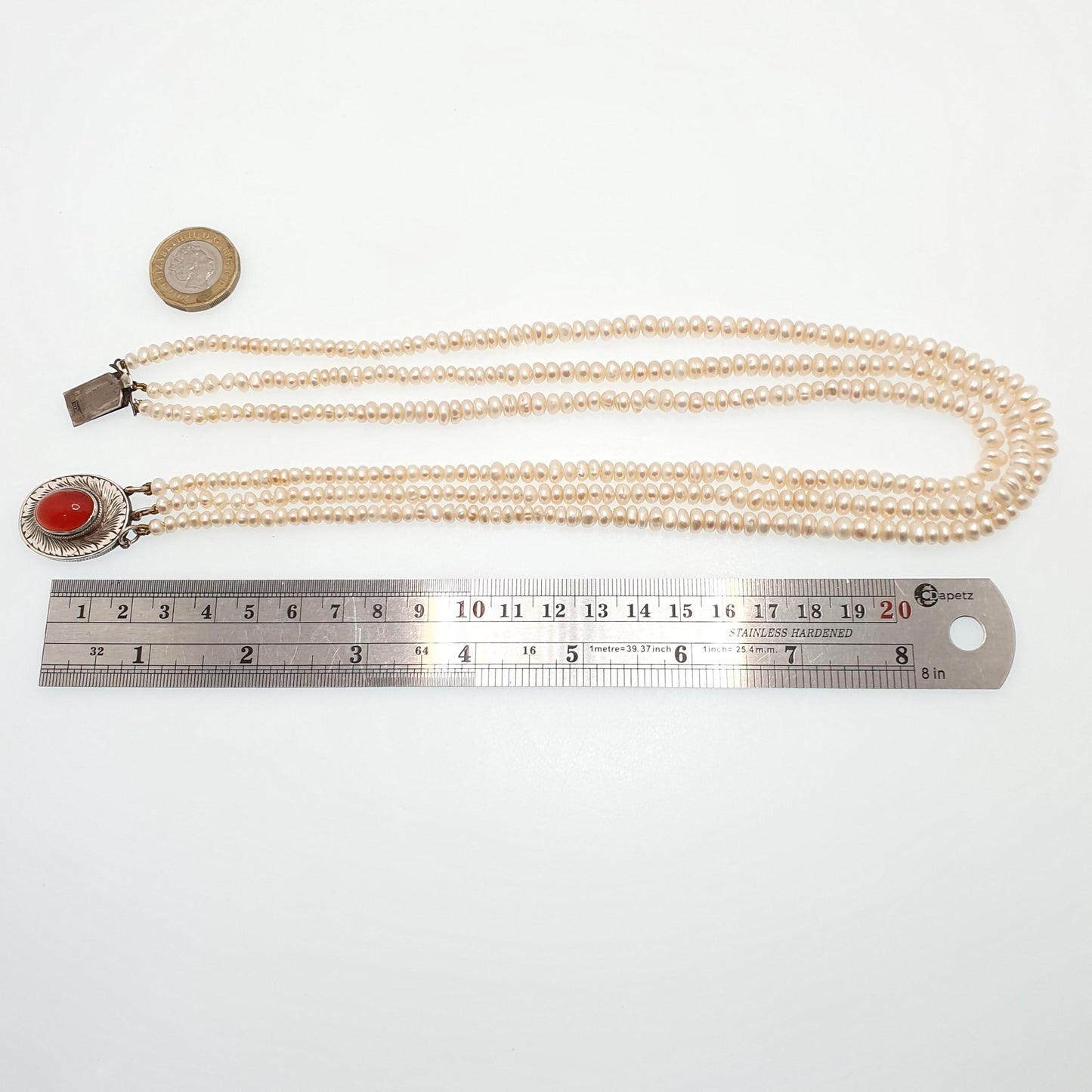 Antique Solid Silver Freshwater Pearl Necklace Large Carnelian Clasp Triple Strand Three Genuine Pearls Vintage Jewelry