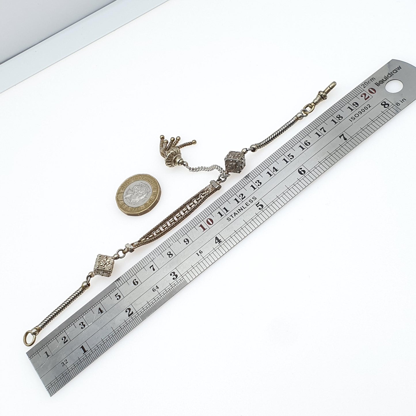 Antique French Albertina Chain Bracelet with Dice Tassel Fob Dog Clip Fleur de Lys Silver Tone Base Metal Jewellery Jewelry 19.5cm 11.16g
