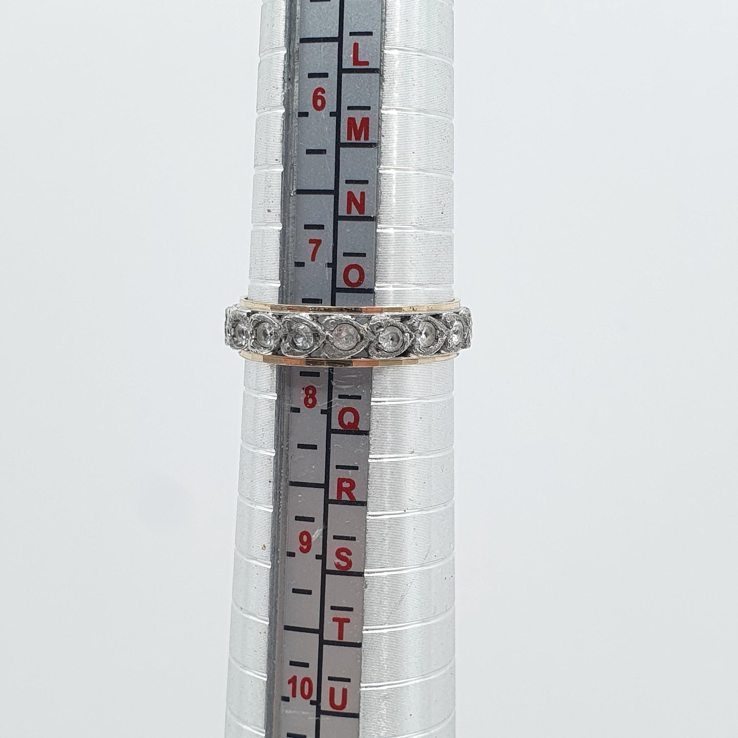 Antique Art Deco 9ct Gold & Solid Silver White Spinel Eternity Ring Heart Border Sparkly Womens Jewelry Jewellery UKO.5 US7.5