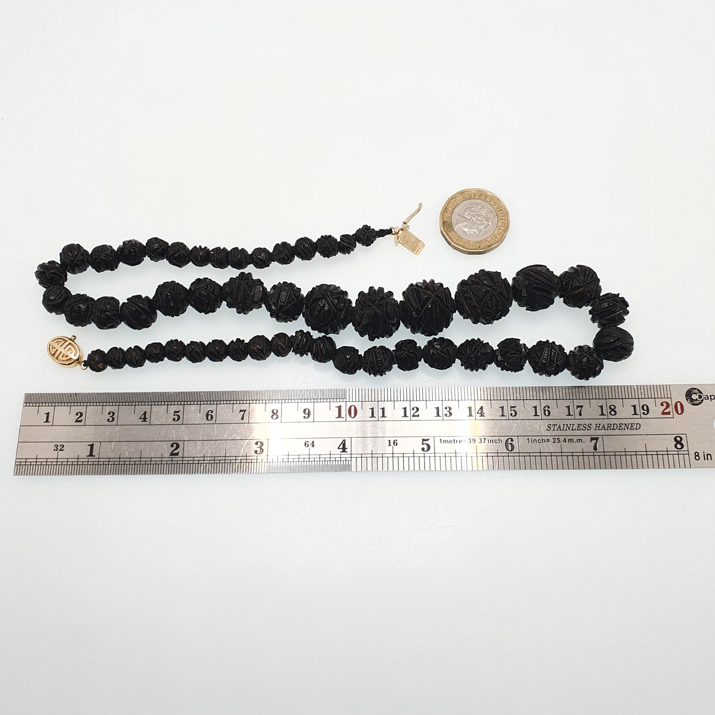 Antique Victorian Whitby Jet Bead Necklace Hand Carved Beads Round Graduating Genuine Mourning 49cm 19.2" 1800s Vintage Jewelry Jewellery