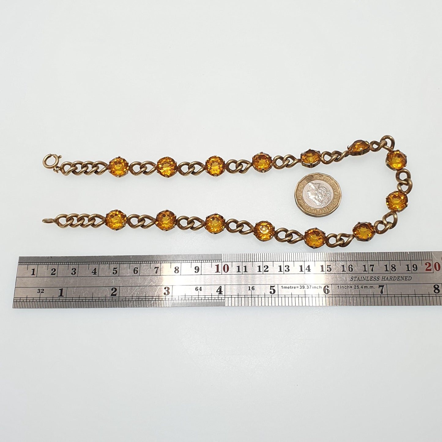 Antique Victorian Citrine Paste Curb Link Chain Necklace Gold Gilt Base Metal Large Pastes Round Cut Womens Vintage Jewelry Jewellery