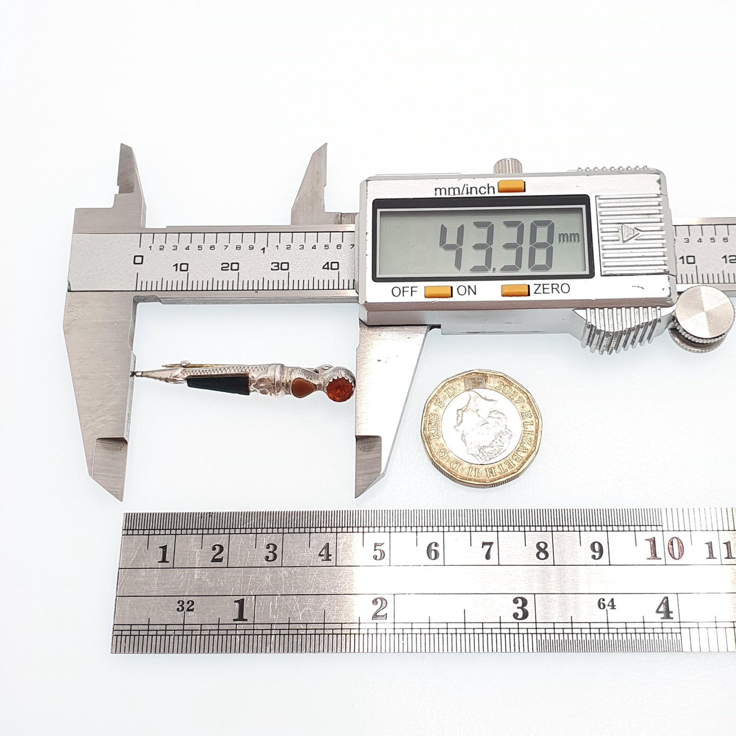 CHARLES HORNER Old Vintage Sterling Silver Dirk Pin Brooch Agate and Citrine Paste Scottish Scotland Kilt Cairngorm Jewelry Jewellery