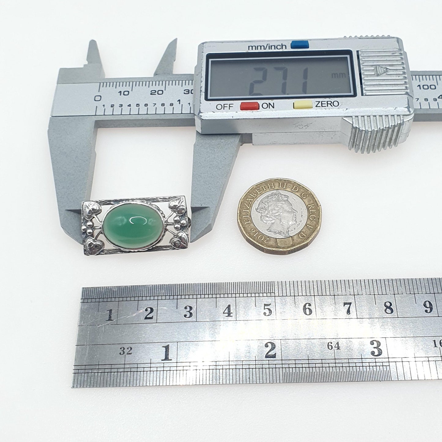 Antique Solid Silver Chrysoprase Brooch Bernard Instone Style Art Nouveau Genuine Green Gemstone Vintage