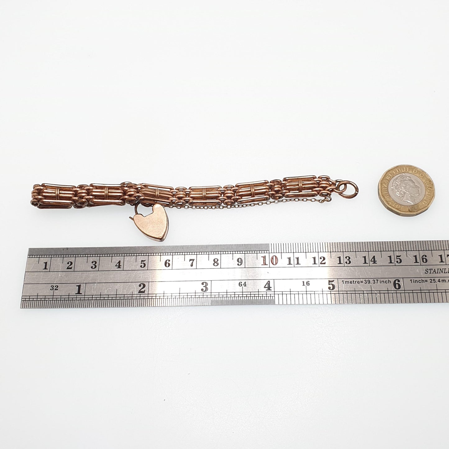 Antique Rose Rolled Gold Gate Link Link Bracelet Padlock Clasp Lock Gold Filled 18.5cm 20.98g Vintage