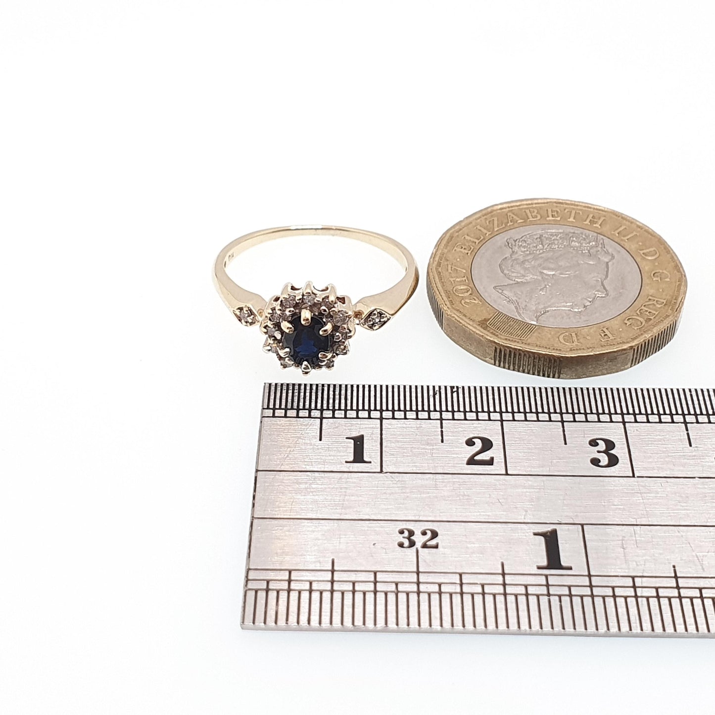 Vintage Diamond & Sapphire 9kt Gold Ring Solid 9ct 9k Cluster Halo Blue Gemstone Retro Womens Jewelry Jewellery