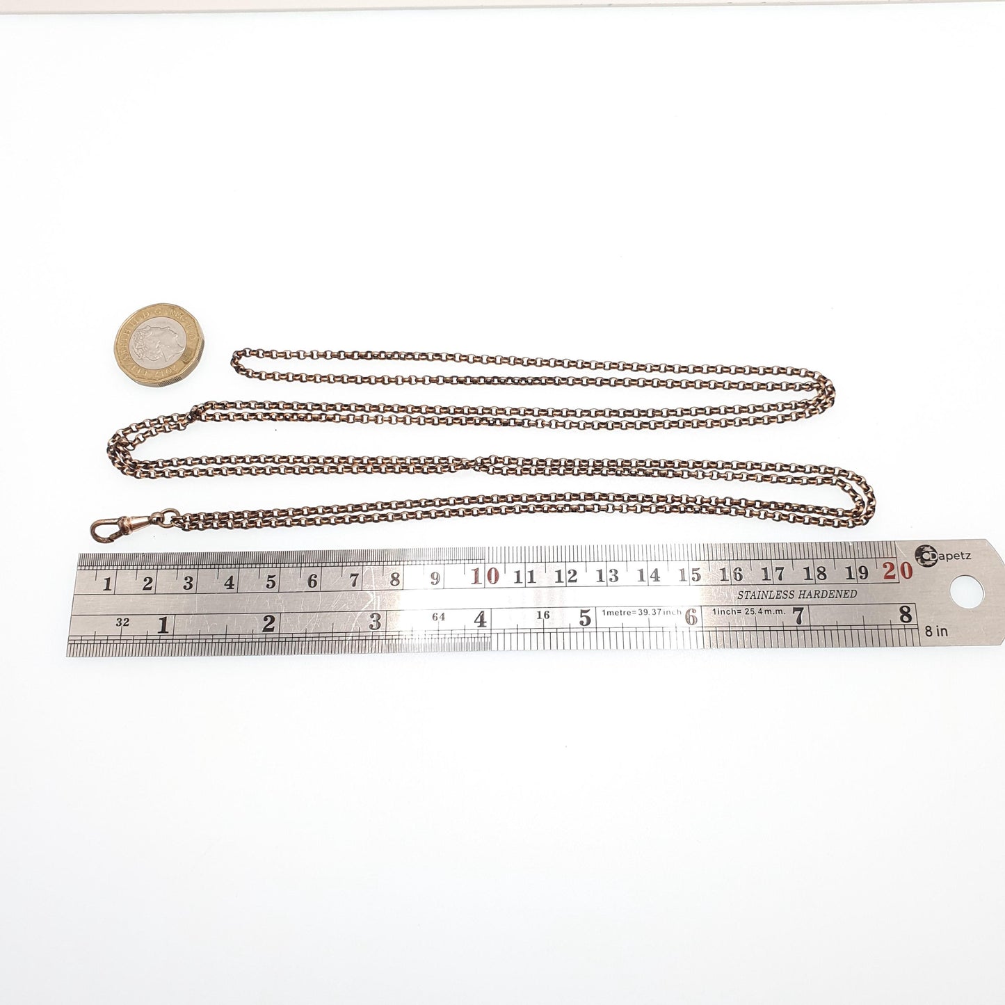 Antique Victorian Muff Chain Necklace Rolo Belcher Link Rose Gold Gilt Dog Clip Long 144cm 24.34g Guard Vintage