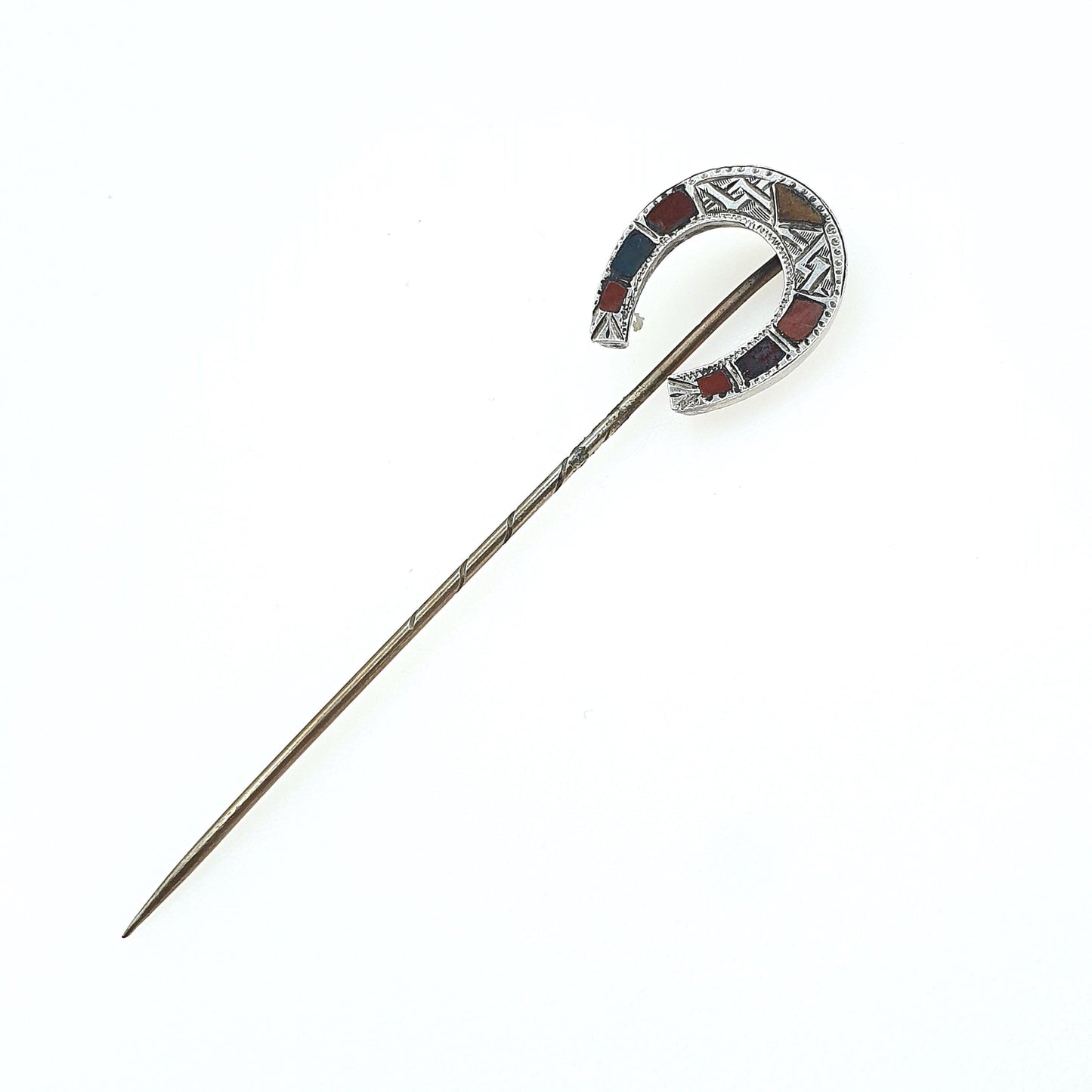 Antique Victorian Solid Silver Horseshoe Stick Pin Scottish Agate Jasper Lucky Good Luck Lapel Jacket Jewellery Jewelry Mens Womens