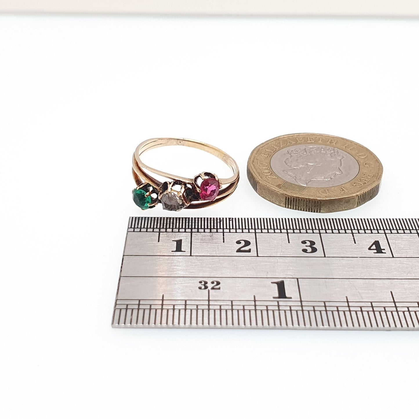 Antique 10k Gold Rose Cut Diamond Ring Victorian Emerald Paste & Ruby Paste Trilogy Solid 10kt 417 Vintage Jewelry Jewellery
