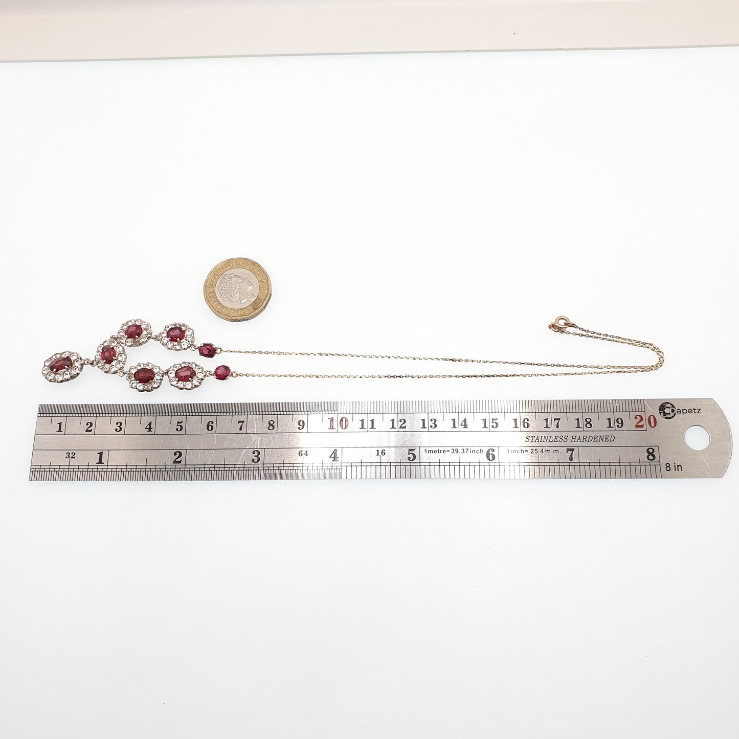 Antique Victorian Solid Silver Garnet & White Sapphire Necklace Low Carat Gold Rear and Chain Old Cut Mid 1800s Vintage Jewellery Jewelry