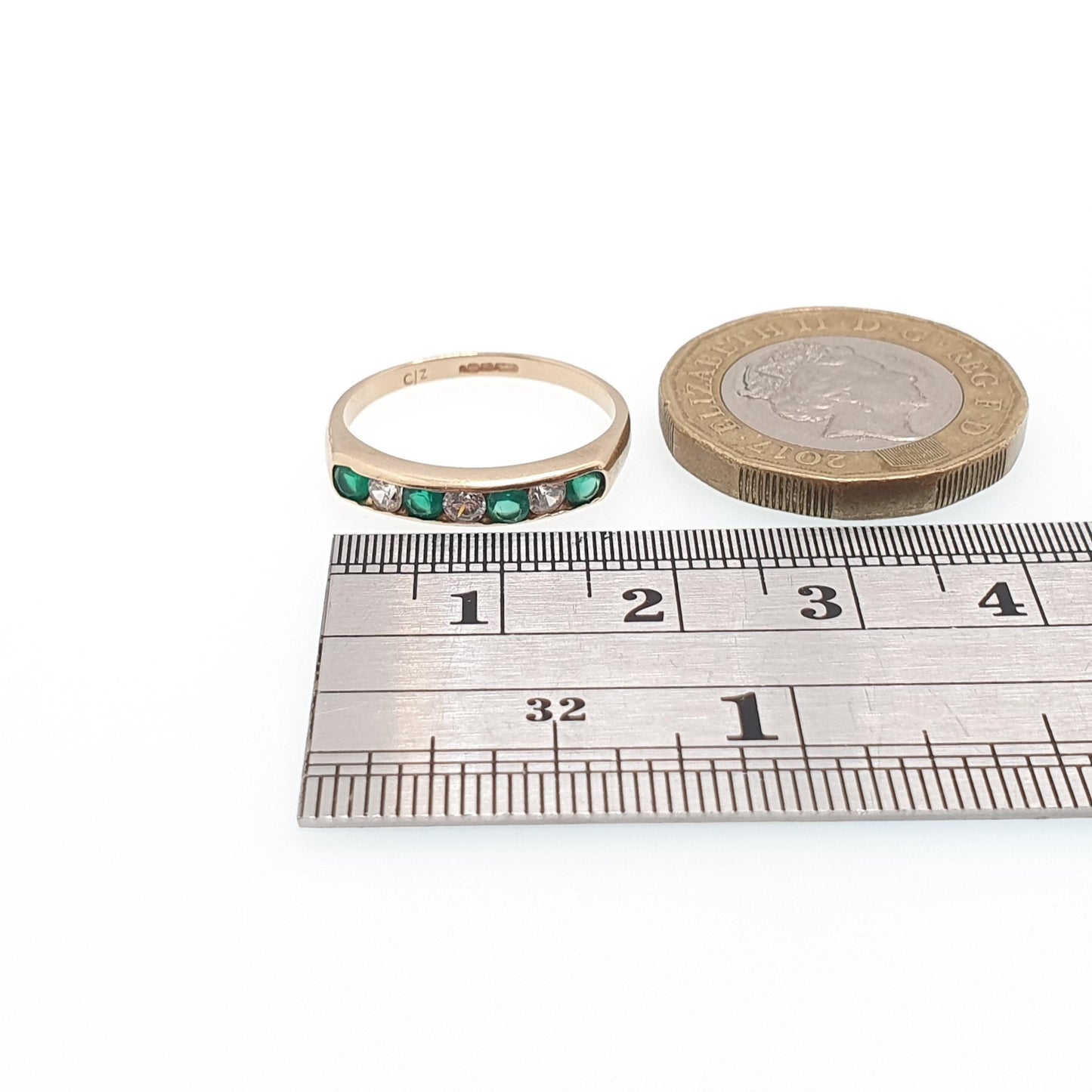 Vintage 9k Gold Emerald Ring Band Stacker Solid 9ct 9k CZ Alternating Brilliant Cut Half Eternity Hallmarked Stacking Sparkly