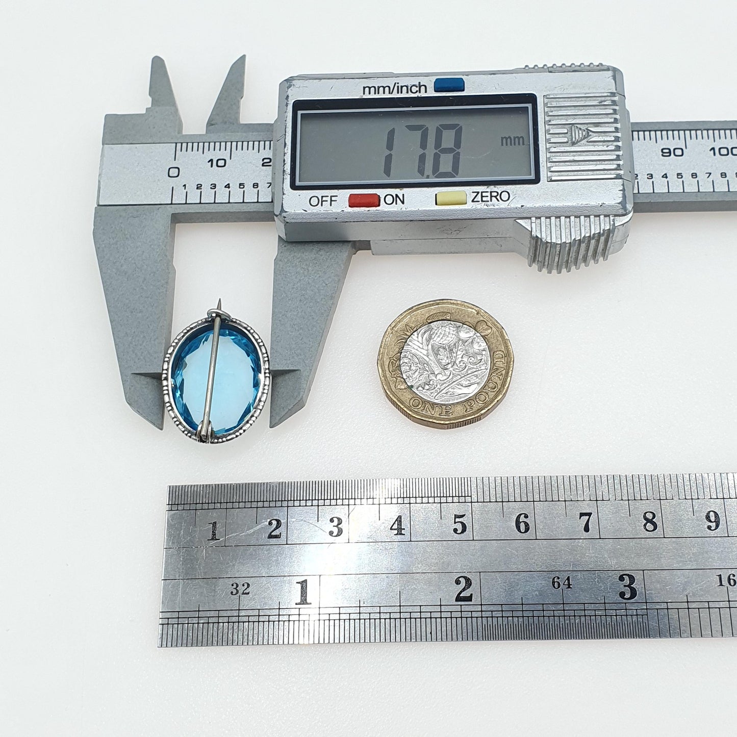 Antique Art Deco Solid Silver Aquamarine Paste Brooch Large Oval Cut Cyan Blue Vintage Retro Womens Mens Jewelry Jewellery