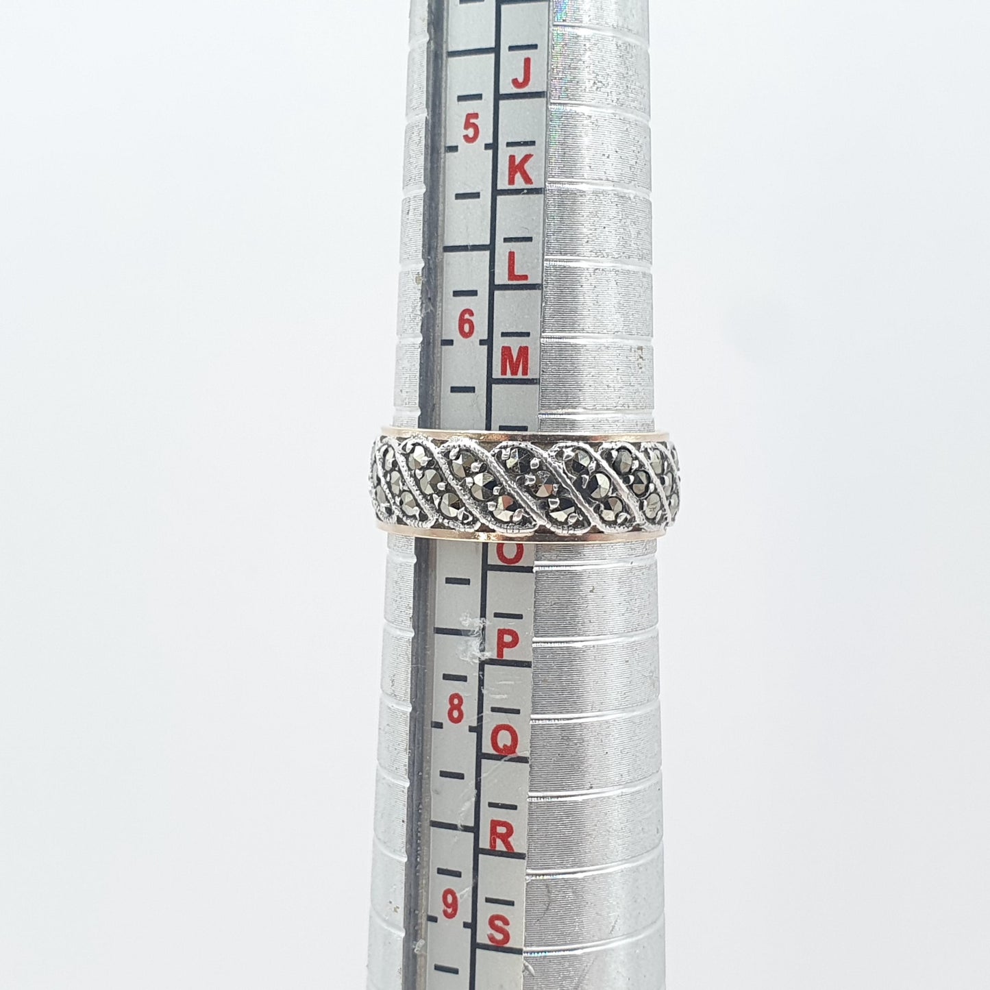 Antique 9ct Gold & Solid Silver Marcasite Eternity Ring Triple Wave Pattern Gift Love Womens Mens Jewellery Jewelry UK N US 6.75