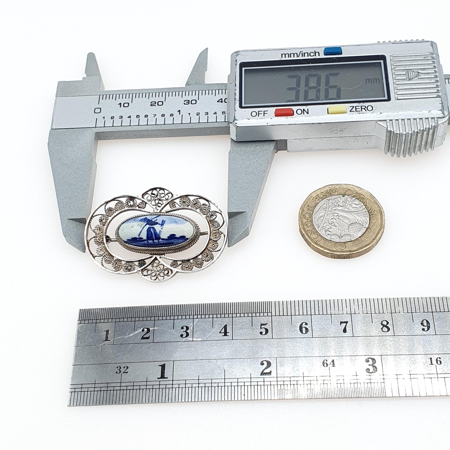 Vintage Solid Silver Dutch China Brooch Windmill Scene and Filigree Blue Painted Womens Unisex Jewelry Jewellery