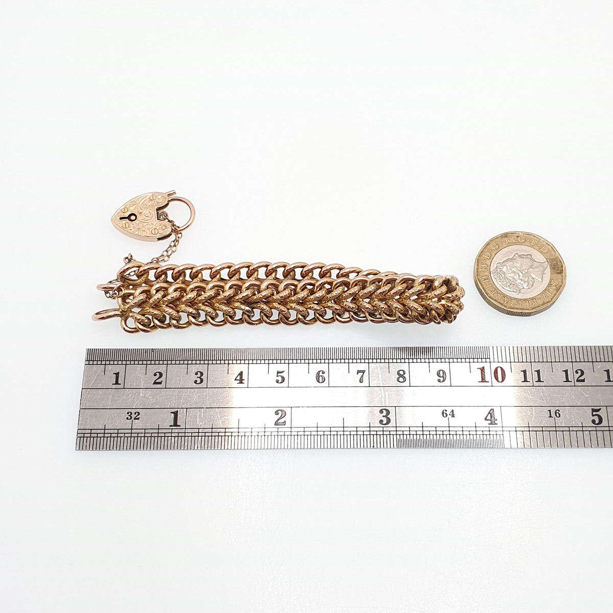 Antique 9ct Rose Gold Curb Link Bracelet Engraved Padlock Double Textured 17.11g 19cm Victorian Solid 9kt 9k Vintage Jewelry Jewellery
