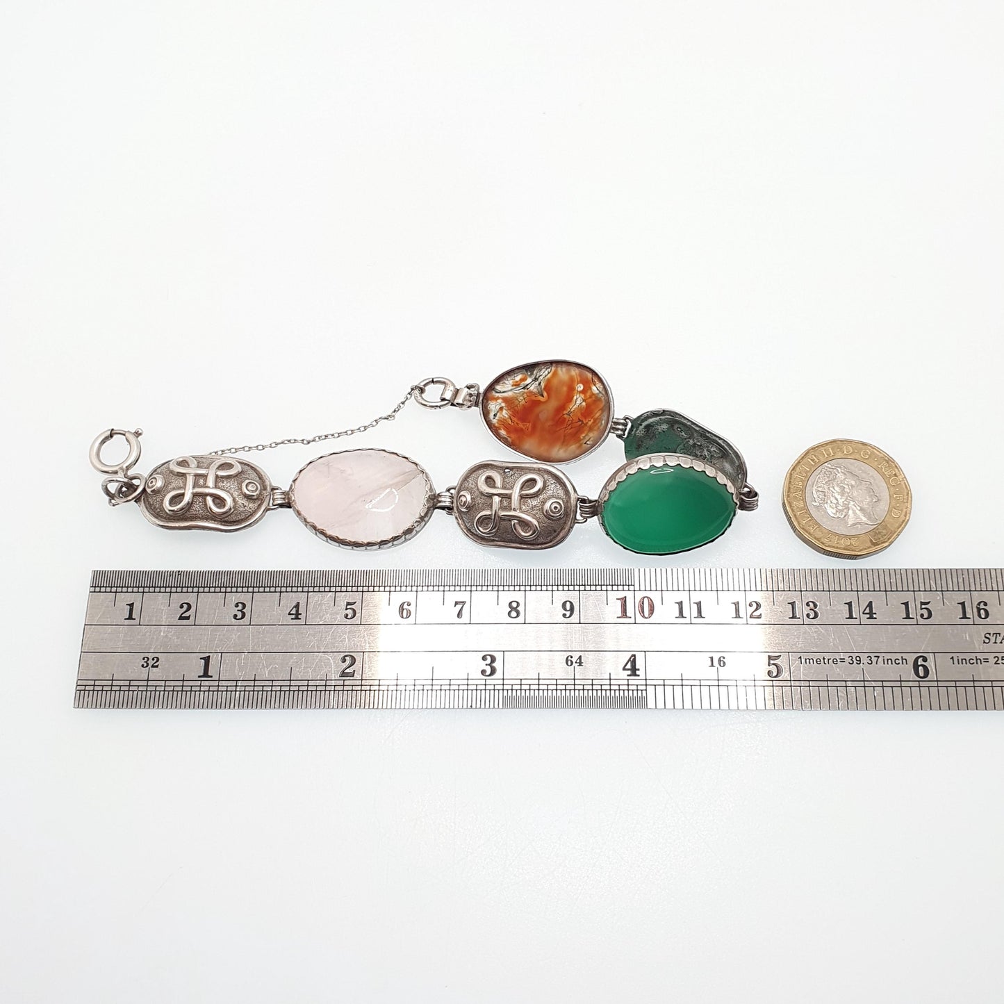 Antique Scottish Solid Silver Bracelet Moss Agate Chrysoprase Rose Quartz Iona Celtic Knot Large Gemstone Vintage Womens Jewelry Jewellery