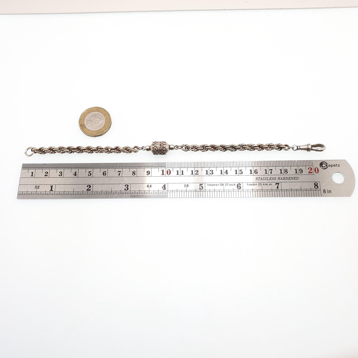 Antique Victorian Solid Silver Albertina Chain Bracelet Rope Link Dog Clip Filigree Bead Womens Vintage Jewellery Jewelry 21cm 9.15g