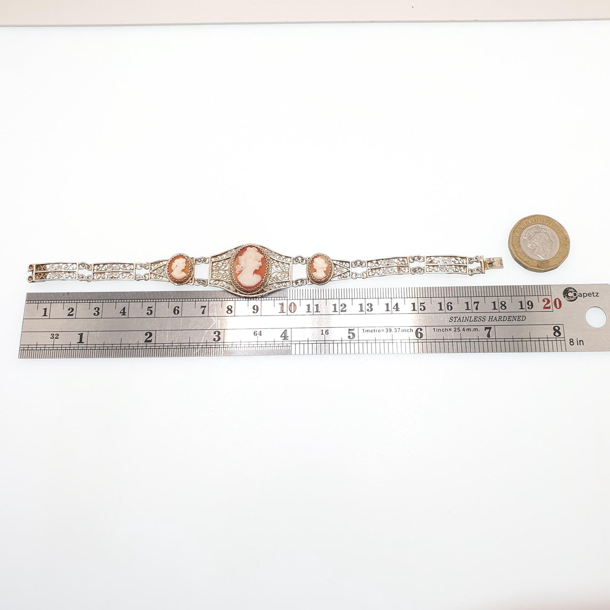 Old Vintage Solid Silver Cameo Bracelet Filigree 800 Handmade Italian 1950s Hand Carved Shell Artisan Womens Jewelry Jewellery