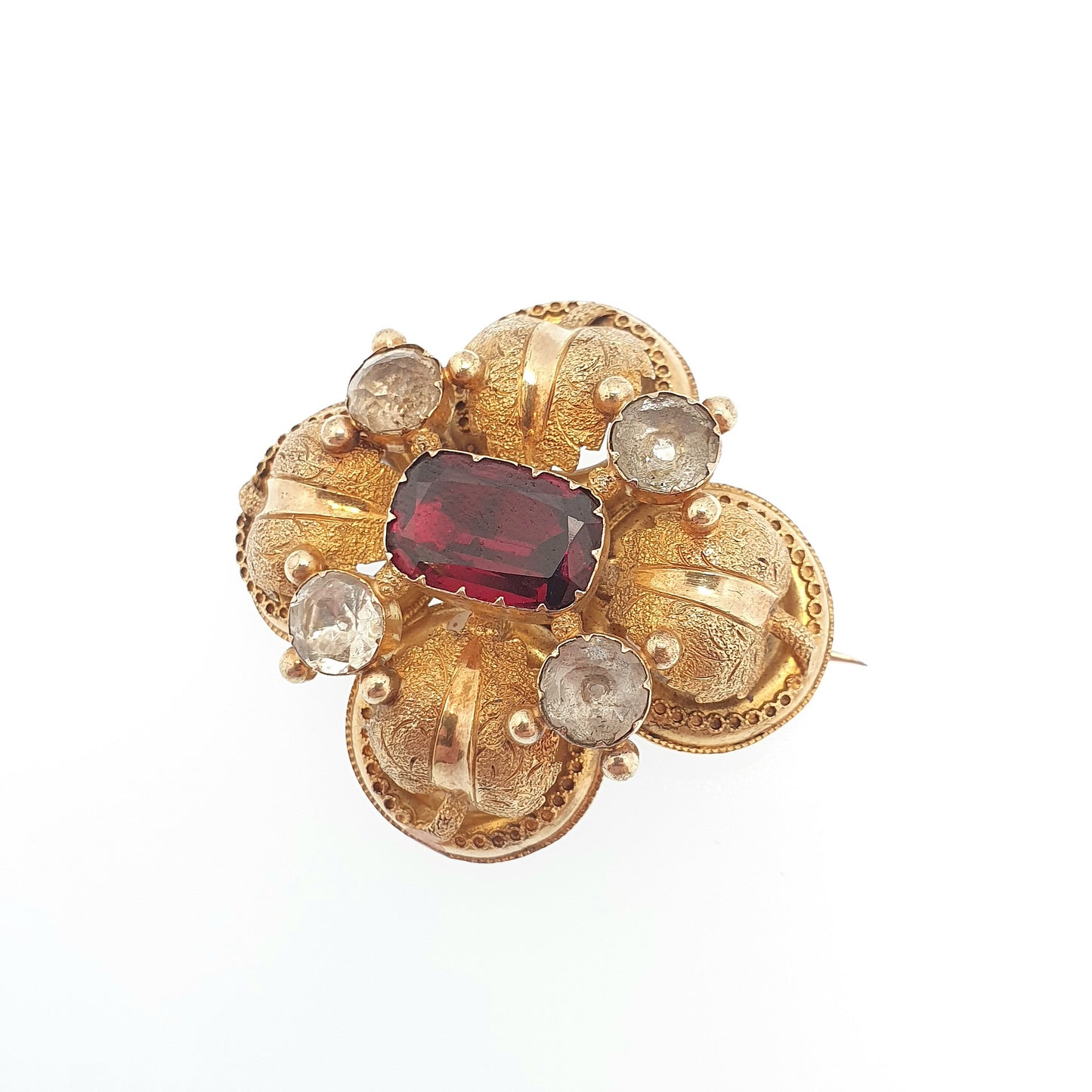 Antique Georgian 15ct Gold Garnet Brooch White Quartz Pin Solid 15kt 625 Etruscan Foiled Gemstones Vintage
