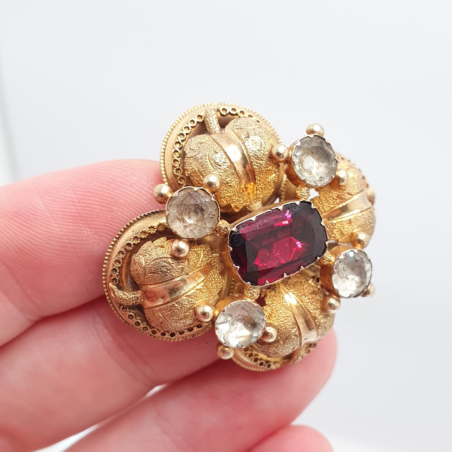 Antique Georgian 15ct Gold Garnet Brooch White Quartz Pin Solid 15kt 625 Etruscan Foiled Gemstones Vintage