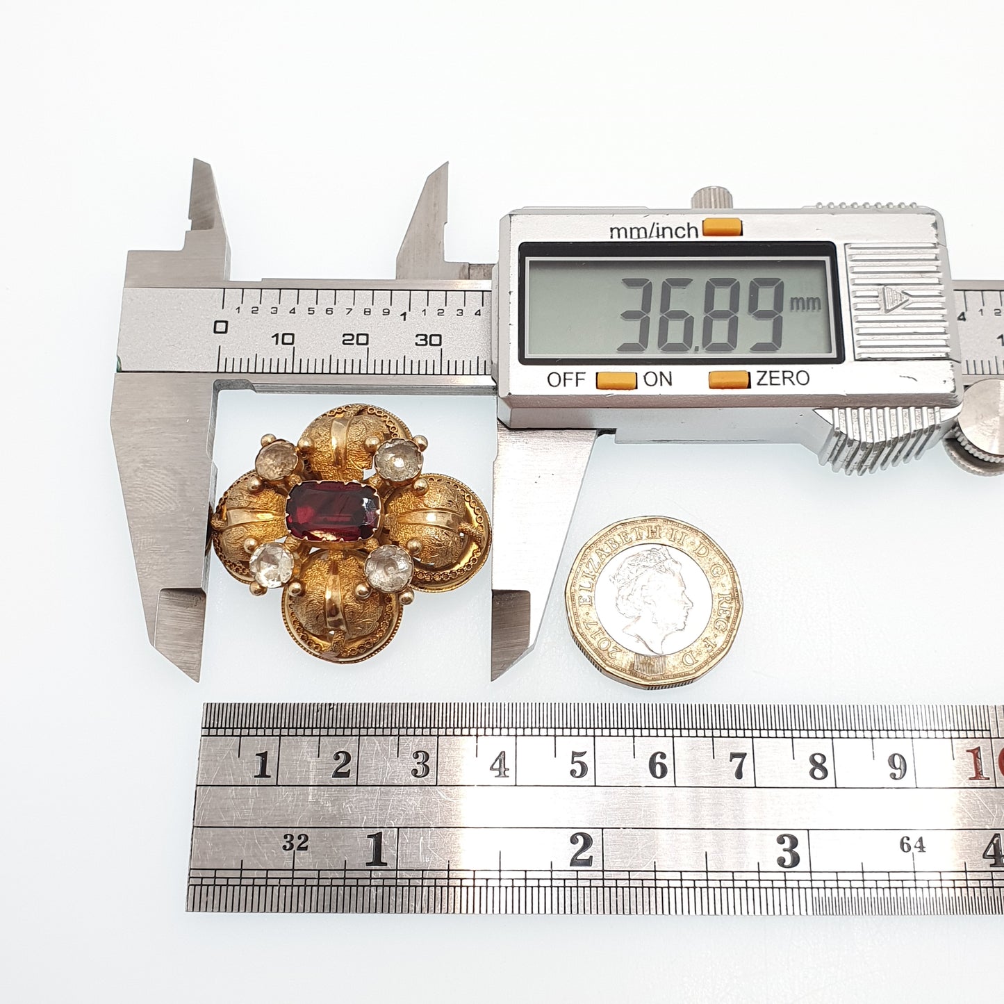 Antique Georgian 15ct Gold Garnet Brooch White Quartz Pin Solid 15kt 625 Etruscan Foiled Gemstones Vintage