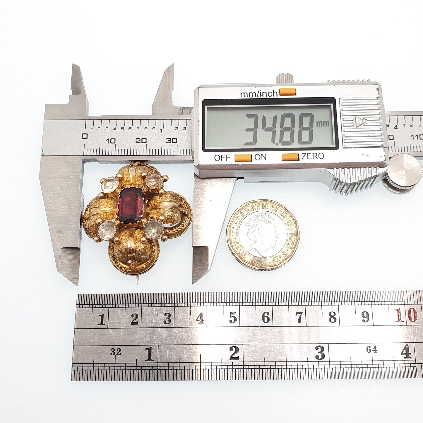 Antique Georgian 15ct Gold Garnet Brooch White Quartz Pin Solid 15kt 625 Etruscan Foiled Gemstones Vintage