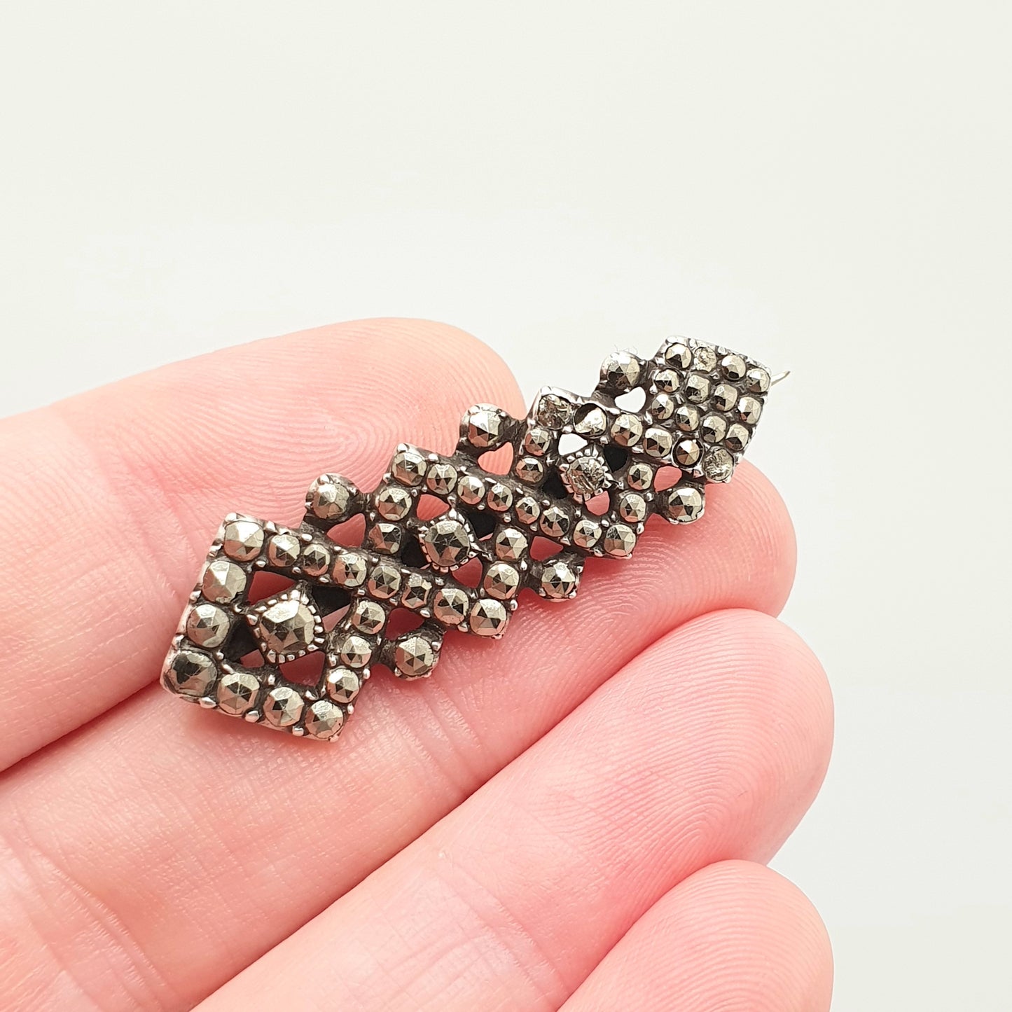 Antique Art Deco Solid Silver Brooch Marcasite Geometric Tilted Square 1920s Sparkly Vintage Gemstone Womens Ladies Jewelry Jewellery