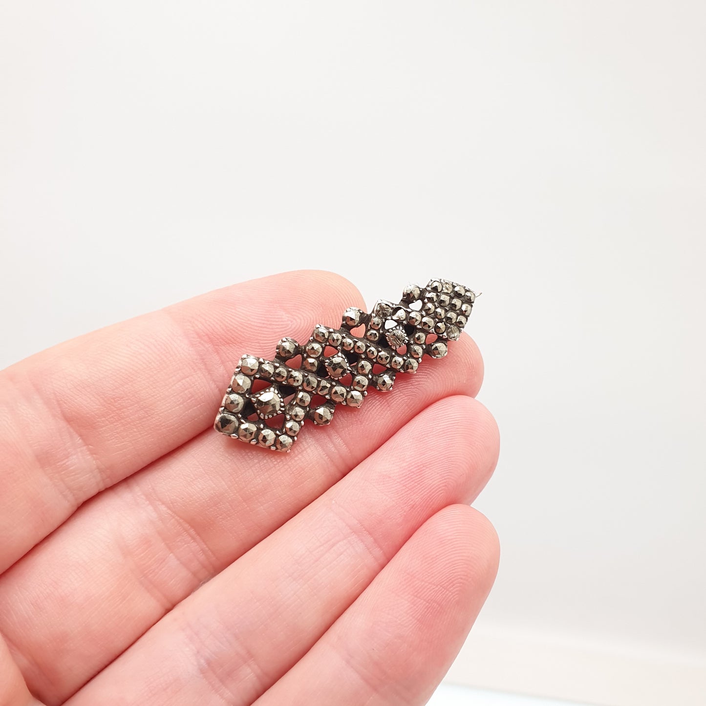 Antique Art Deco Solid Silver Brooch Marcasite Geometric Tilted Square 1920s Sparkly Vintage Gemstone Womens Ladies Jewelry Jewellery